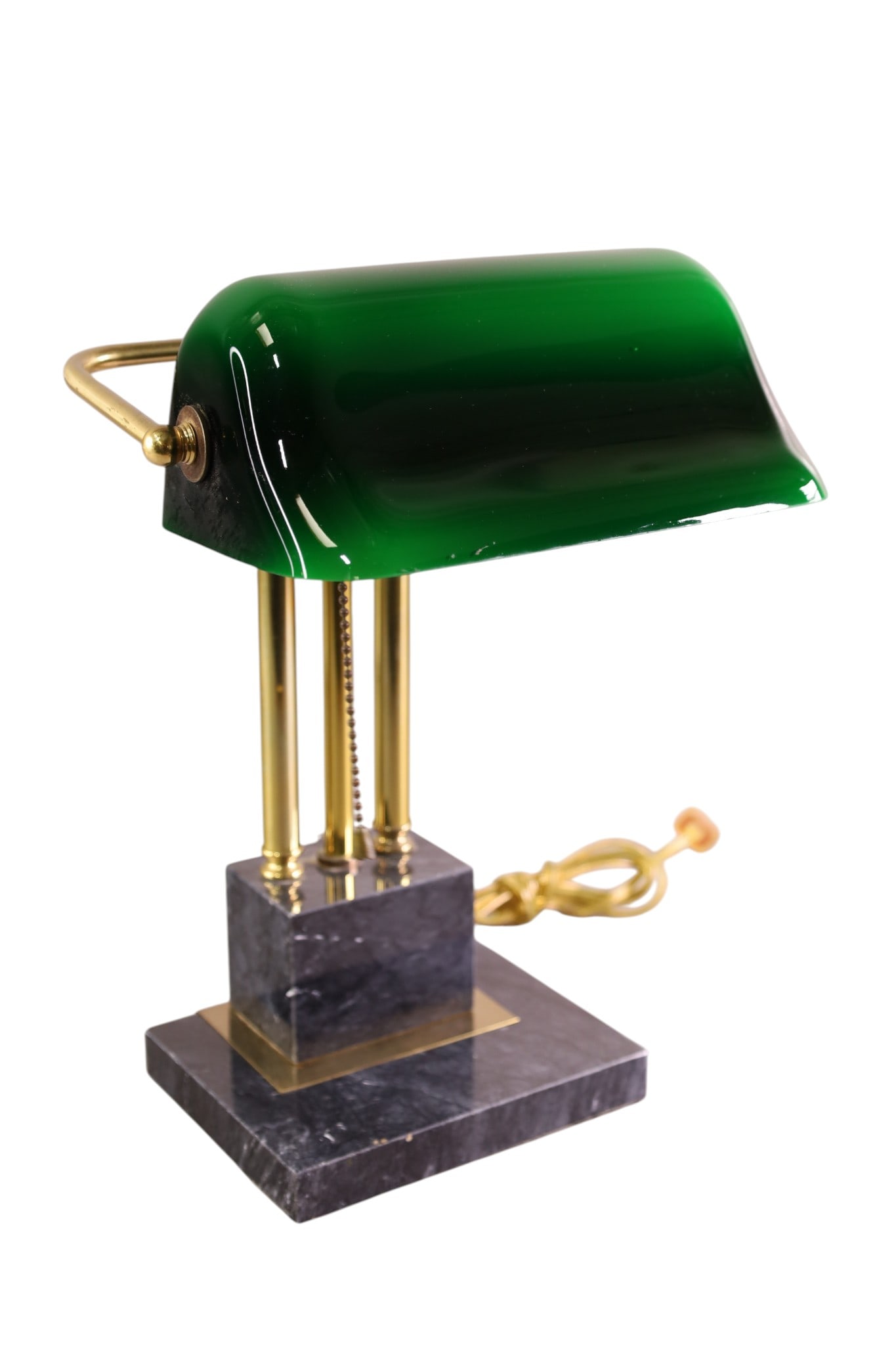 STUDENT LAMP: MARBLE BASE WITH GREEN GLASS SHADE, 9 1/2" W X 14" H.