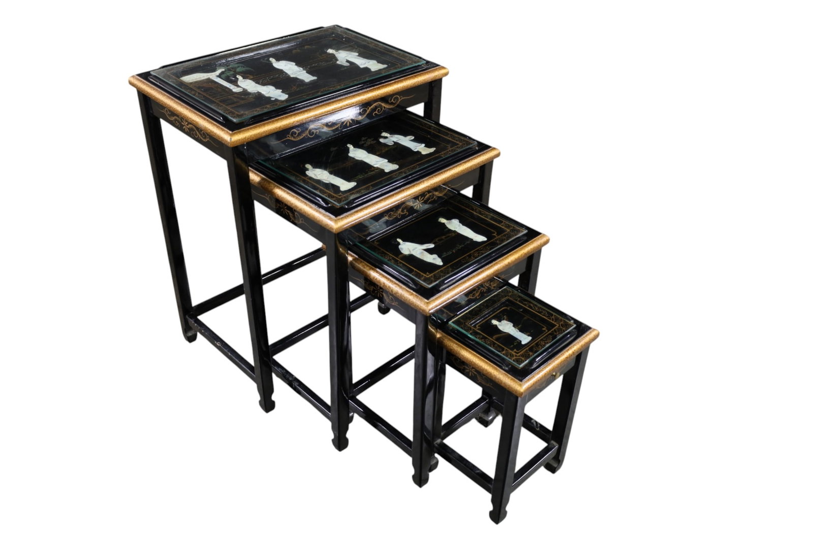CHINESE NESTING TABLES: BLACK LACQUER WITH SOAPSTONE CARVINGS, GLASS TOPS. 20" W x 14" D x 27" H. THIS ITEM EXCEEDS SIZE LIMITATIONS FOR IN HOUSE SHIPPING, MUST BE PICKED UP IN HOUSE OR SHIPPED VIA 3rd PARTY GROUND SHIPPER.