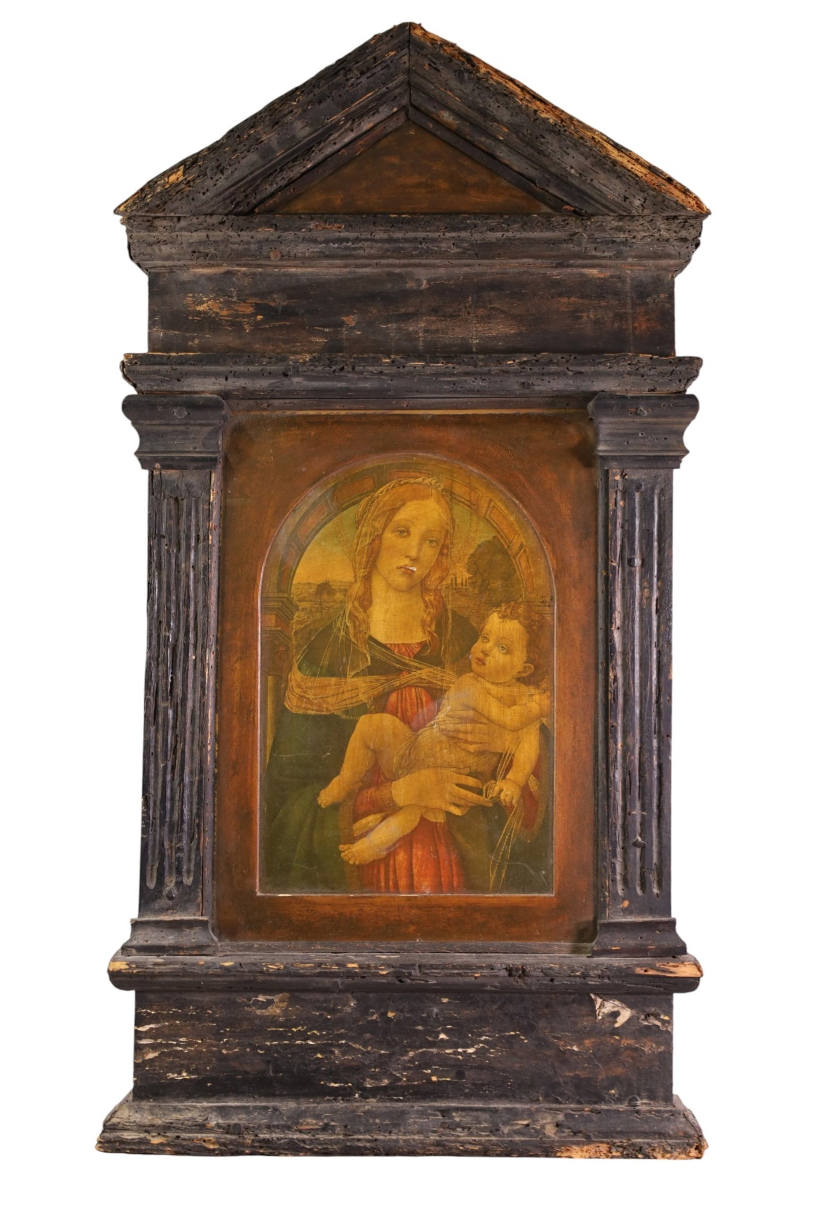 RELIGIOUS ICON: LARGE RELIGIOUS WALL HANGING ICON, PRINT ON CARDBOARD, CONDITION IS CONSISTENT WITH AGE. WORMHOLES. 19 1/2" x 37"
