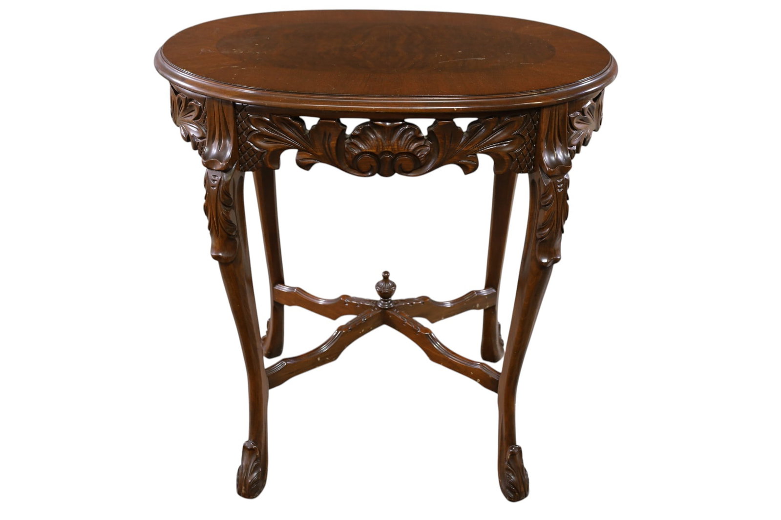 MAHOGANY LAMP TABLE: CARVED MAHOGANY LAMP TABLE, 27" W x 17" D x 29" H. THIS ITEM EXCEEDS SIZE LIMITATIONS FOR IN HOUSE SHIPPING, MUST BE PICKED UP IN HOUSE OR SHIPPED VIA 3rd PARTY GROUND SHIPPER.
