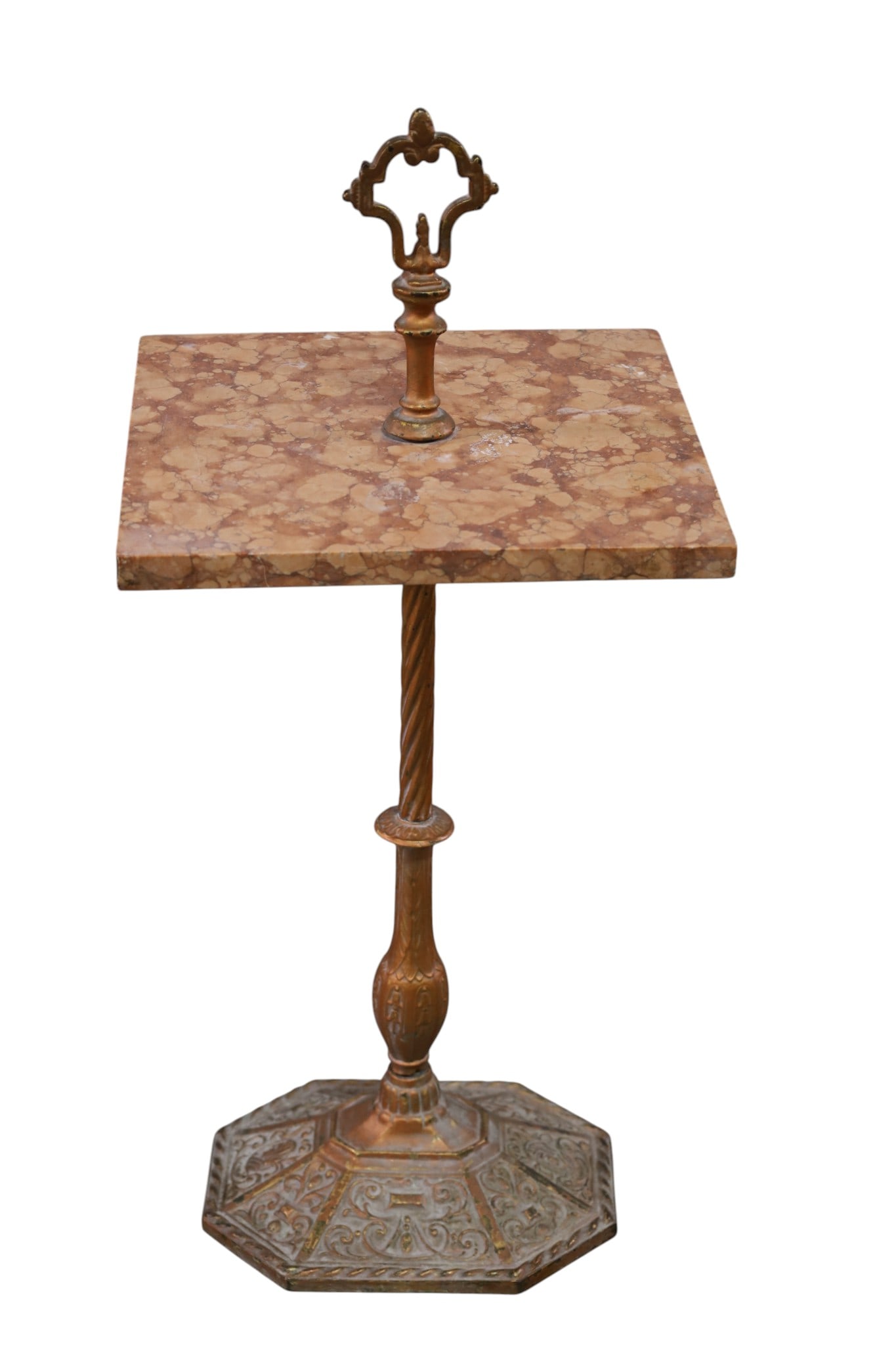 1920'S MARBLE & IRON STAND: SMALL MARBLE AND IRON SMOKESTAND, 12" x 12" x 27" H. THIS ITEM EXCEEDS SIZE LIMITATIONS FOR IN HOUSE SHIPPING, MUST BE PICKED UP IN HOUSE OR SHIPPED VIA 3rd PARTY GROUND SHIPPER.