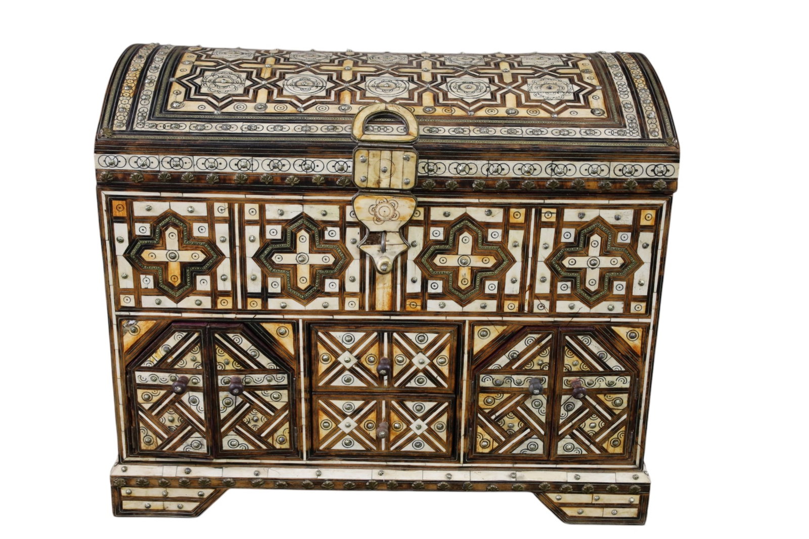 MOROCCAN TRUNK: LARGE MOROCCAN INLAID TRUNK, LIDDED TRUNK WITH LOWER DOORS. 35" W x 21" D x 30" H. THIS ITEM EXCEEDS SIZE LIMITATIONS FOR IN HOUSE SHIPPING, MUST BE PICKED UP IN HOUSE OR SHIPPED VIA 3rd PARTY GROUND
