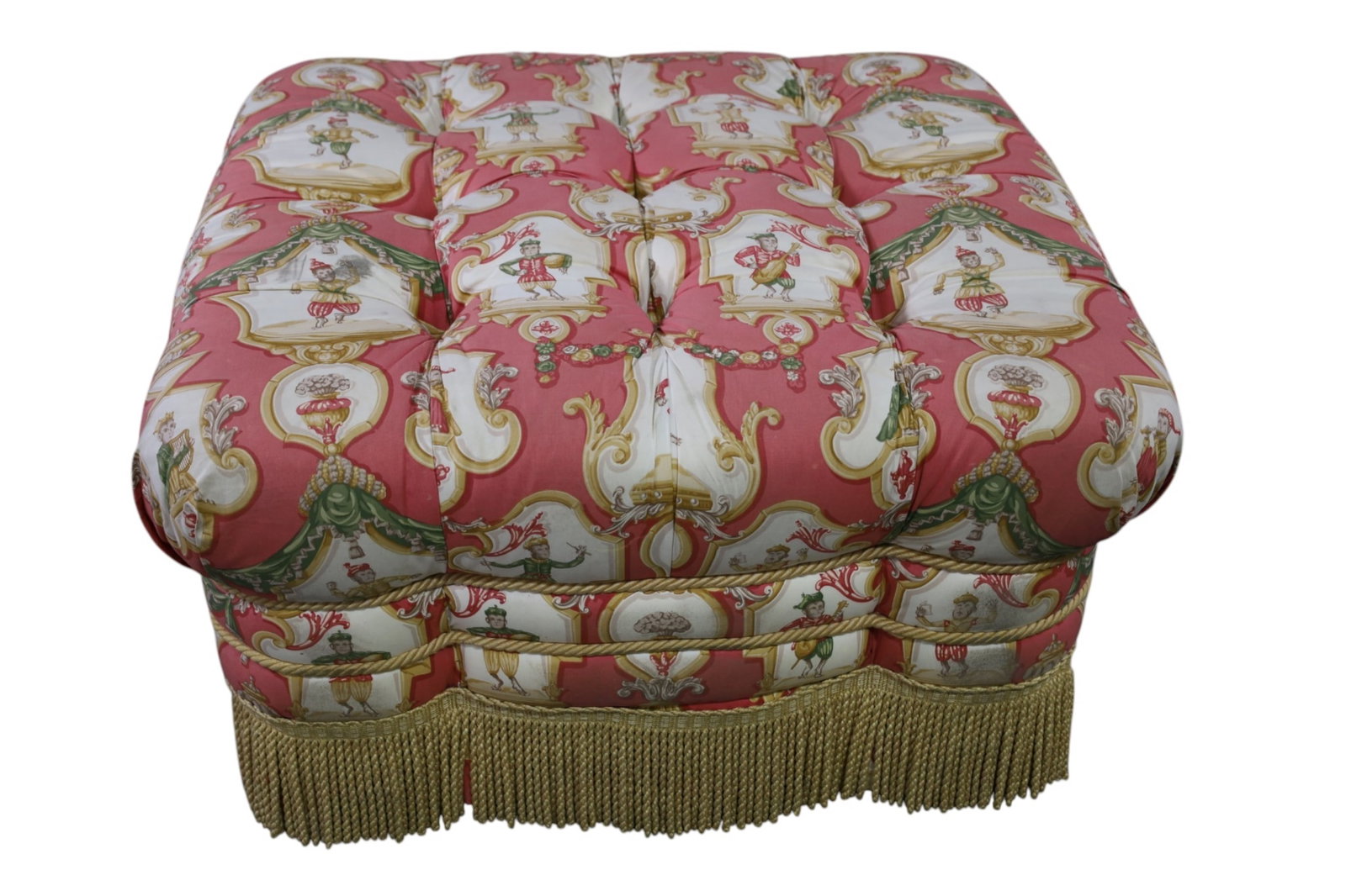 LARGE FOOTSTOOL: LARGE FABRIC COWTAN & TOUT MUSICAL MONKEY FABRIC. SMALL STAIN. 33" x 33" x 19" H. THIS ITEM EXCEEDS SIZE LIMITATIONS FOR IN HOUSE SHIPPING, MUST BE PICKED UP IN HOUSE OR SHIPPED VIA 3rd PARTY GROUND