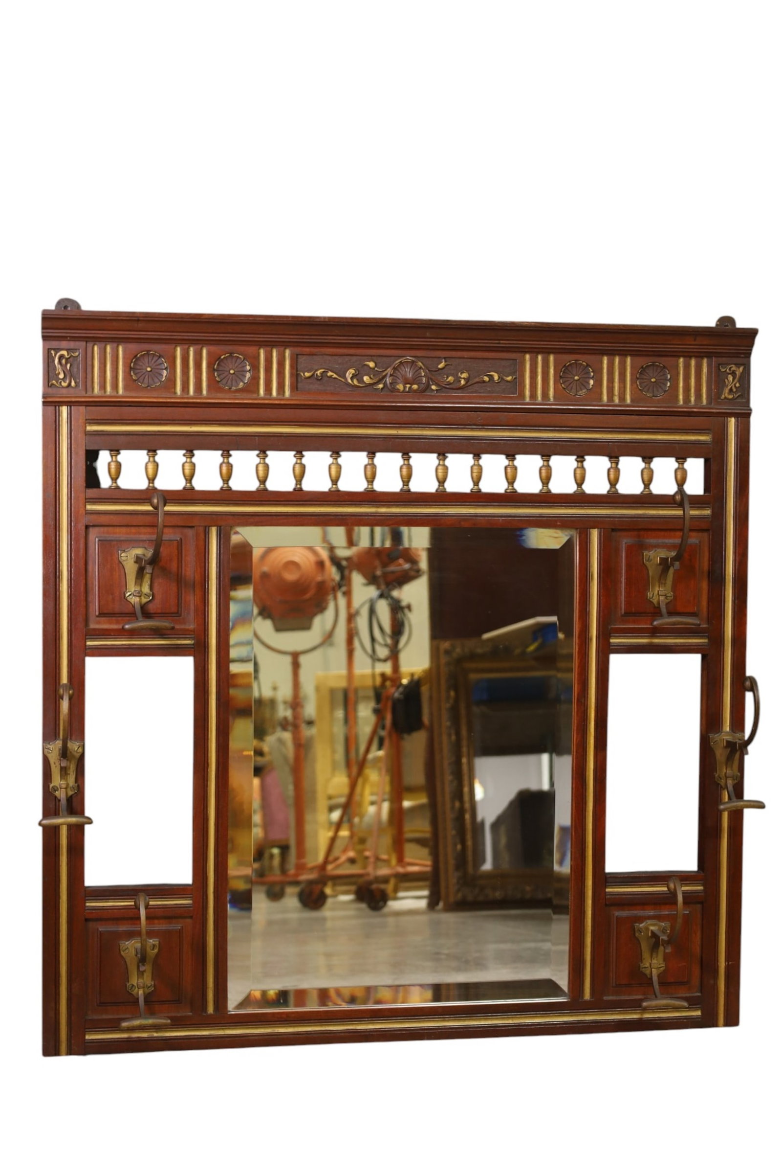 VICTORIAN BEVELED WALL MIRROR: LARGE BEVELED WALL MIRROR WITH HOOKS. 40" x 41" THIS ITEM EXCEEDS SIZE LIMITATIONS FOR IN HOUSE SHIPPING, MUST BE PICKED UP IN HOUSE OR SHIPPED VIA 3rd PARTY GROUND SHIPPER.