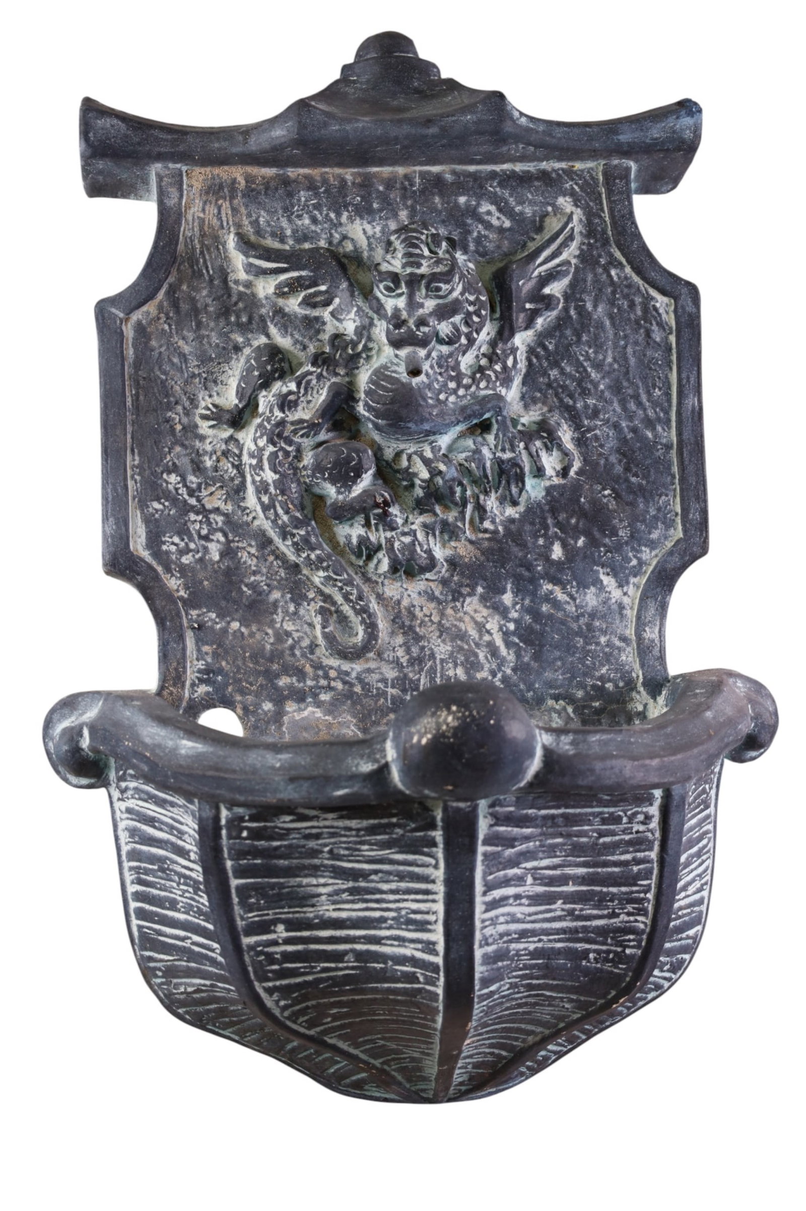 CONCRETE WALL FOUNTAIN: DECORATIVE CONRETE WALL FOUNTAIN, DRAGON MOTIF. 17" x 25" THIS ITEM EXCEEDS SIZE LIMITATIONS FOR IN HOUSE SHIPPING, MUST BE PICKED UP IN HOUSE OR SHIPPED VIA 3rd PARTY GROUND SHIPPER.