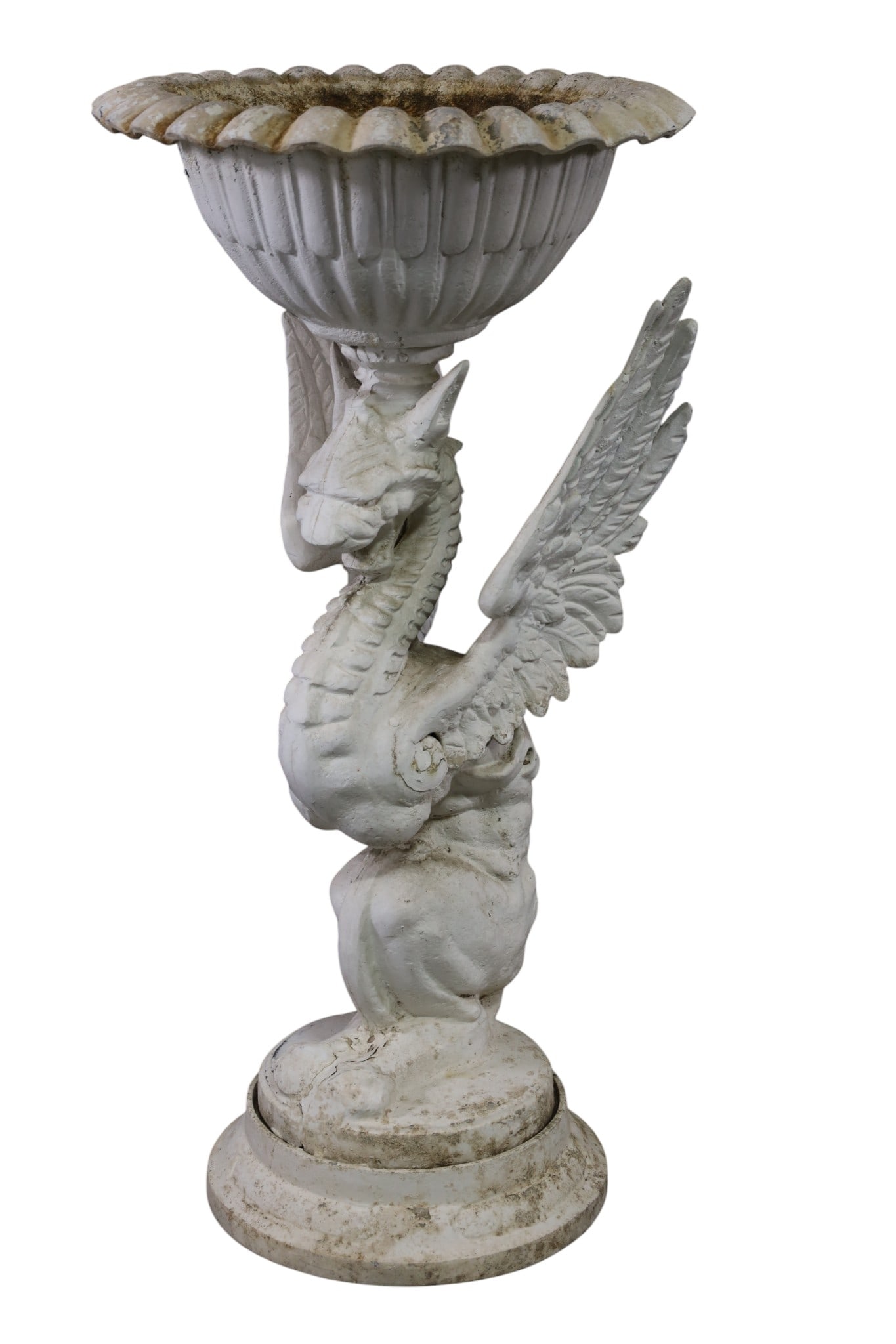WINGED GRIFFIN PLANTER: LARGE PAINTED ALUMINUM WINGED GRIFFIN PLANTER, 17" DIAM x 36" H. THIS ITEM EXCEEDS SIZE LIMITATIONS FOR IN HOUSE SHIPPING, MUST BE PICKED UP IN HOUSE OR SHIPPED VIA 3rd PARTY GROUND SHIPPER.