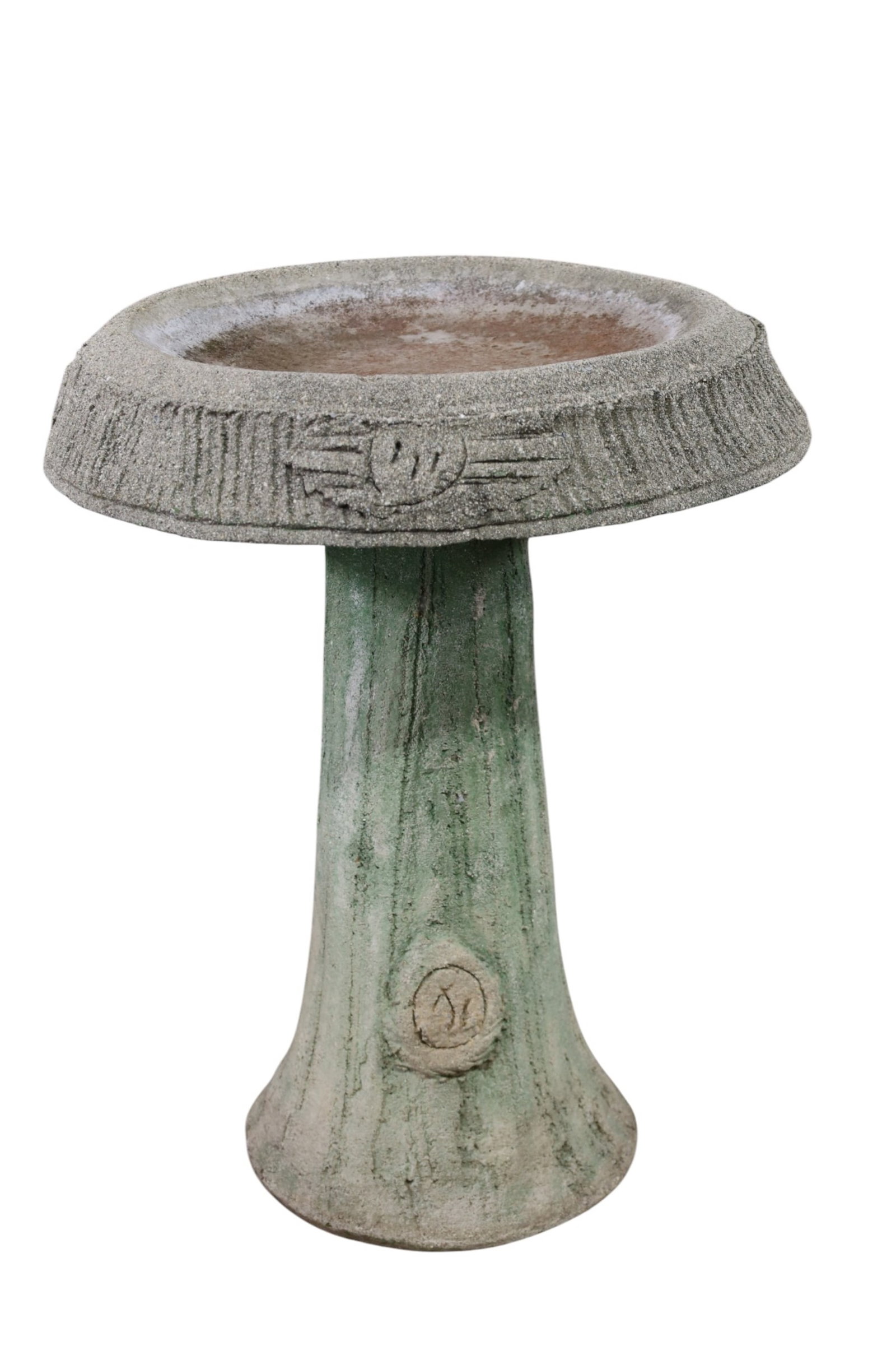 CONCRETE BIRD BATH: TWO PIECE CONCRETE FAUX BOIS BIRD BATH. 24" DIAM x 29" H. THIS ITEM EXCEEDS SIZE LIMITATIONS FOR IN HOUSE SHIPPING, MUST BE PICKED UP IN HOUSE OR SHIPPED VIA 3rd PARTY GROUND SHIPPER.