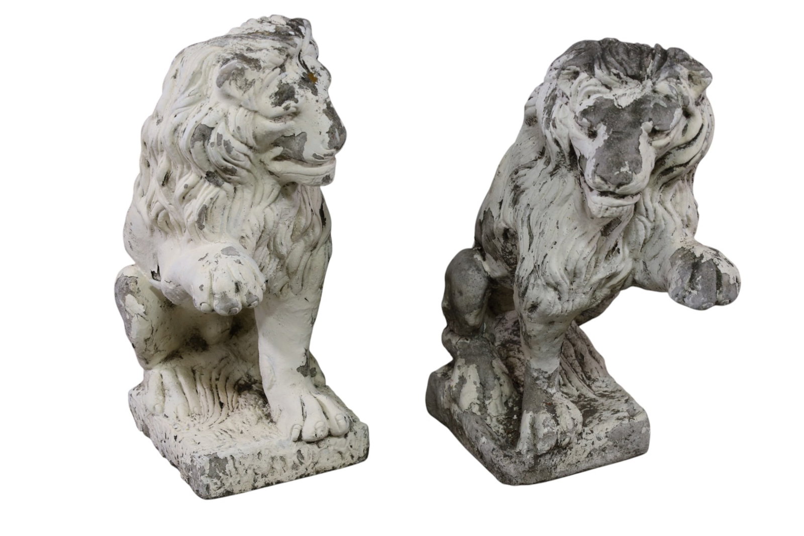 PAIR OF CONCRETE LIONS: PAIR OF CONCRETE LION YARD FIGURES, 24" H. THIS ITEM EXCEEDS SIZE LIMITATIONS FOR IN HOUSE SHIPPING, MUST BE PICKED UP IN HOUSE OR SHIPPED VIA 3rd PARTY GROUND SHIPPER.