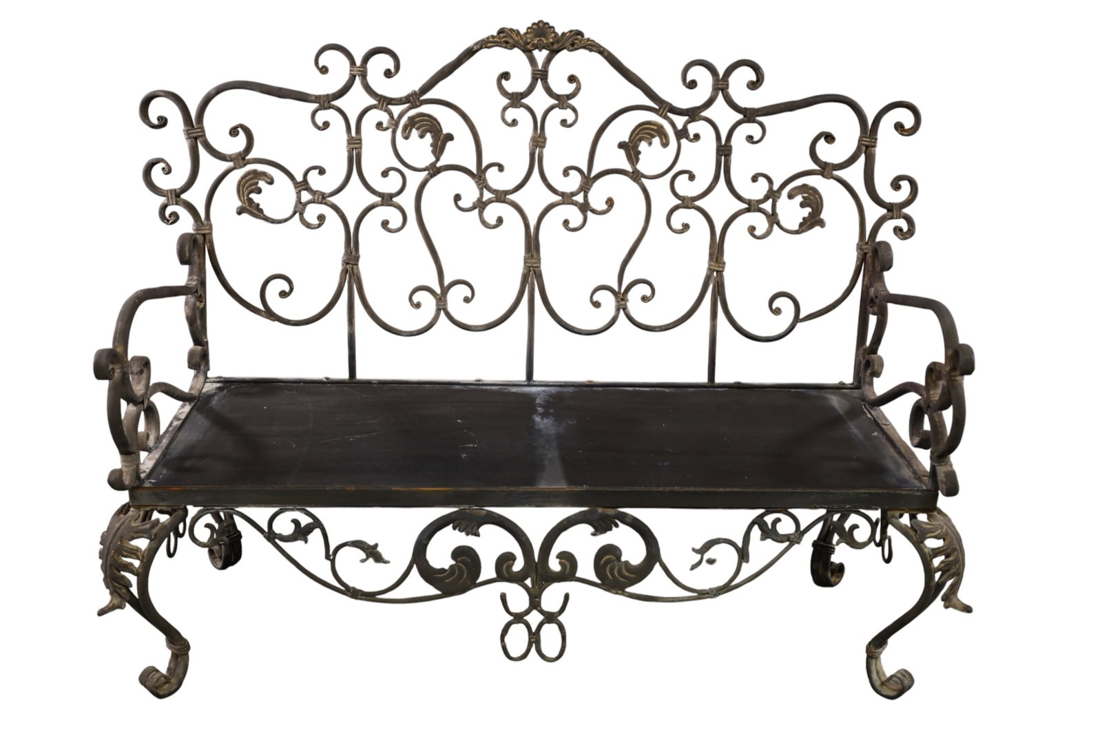 GARDEN BENCH: DECORATIVE IRON GARDEN BENCH SOME RUST. 48" W x 20" D x 39" H. THIS ITEM EXCEEDS SIZE LIMITATIONS FOR IN HOUSE SHIPPING, MUST BE PICKED UP IN HOUSE OR SHIPPED VIA 3rd PARTY GROUND SHIPPER.