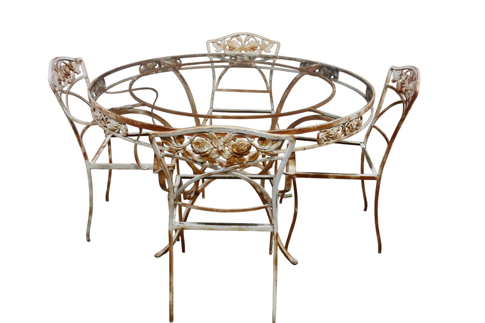 IRON PATIO SET: GLASS TOP IRON TABLE & SET OF 4 CHAIRS, ROSE MOTIF. RUST. NO SEATS. 48 DIAM x 29" H. TABLE & 20" W x 17" D x 32" H. CHAIRS. THIS ITEM EXCEEDS SIZE LIMITATIONS FOR IN HOUSE SHIPPING, MUST BE PICKED UP