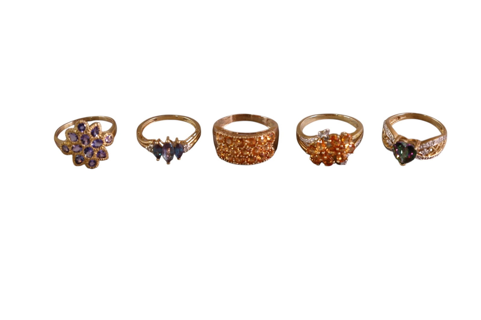 5 10K GOLD RINGS: 5 10K GOLD RINGS, VARIOUS STONES. APPROX 18 GRAMS, TOTAL.