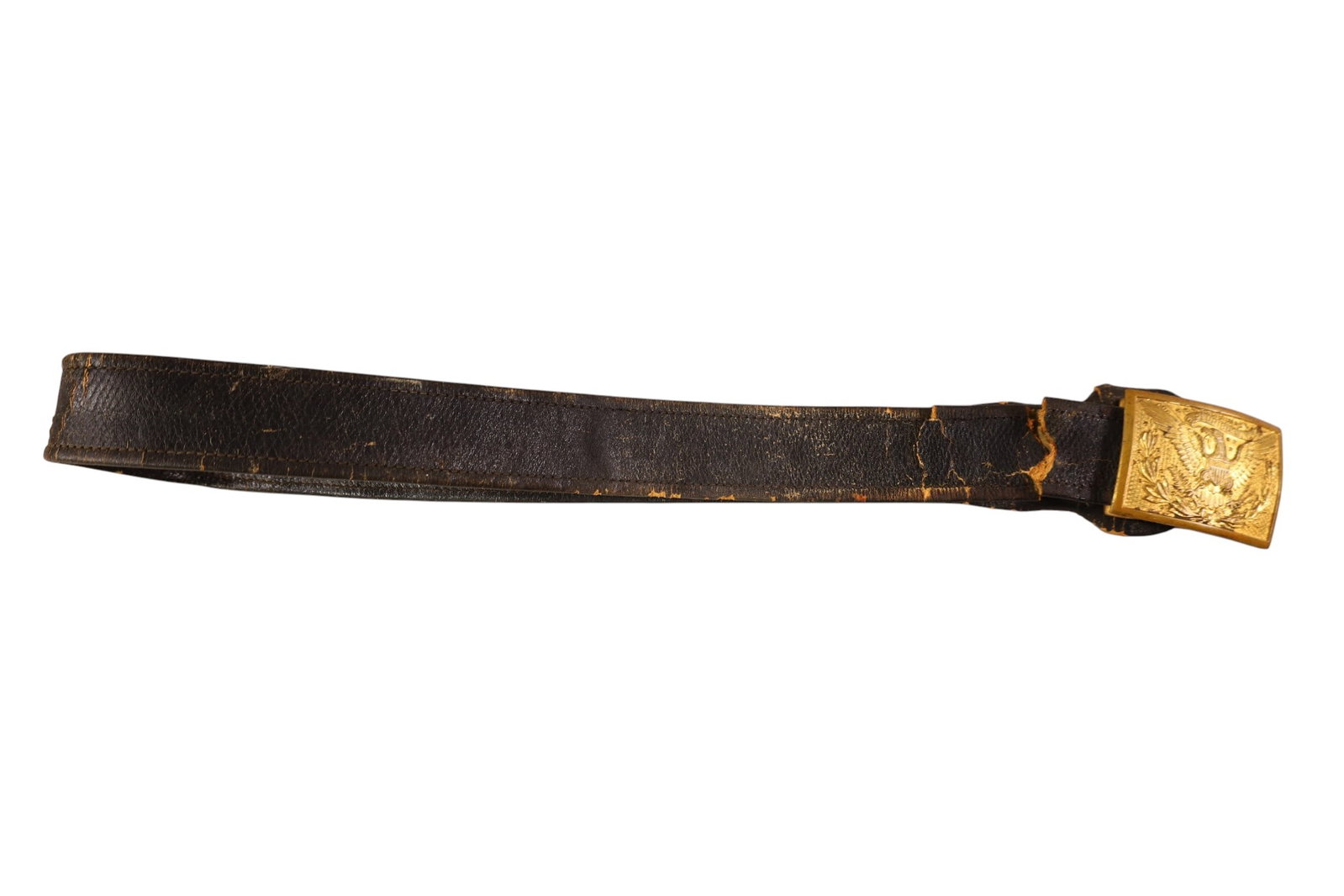 CIVIL WAR BELT WITH BUCKLE: UNION INFANTRY FIELD BELT WITH BUCKLE. BELT IS TORN. 39" L.