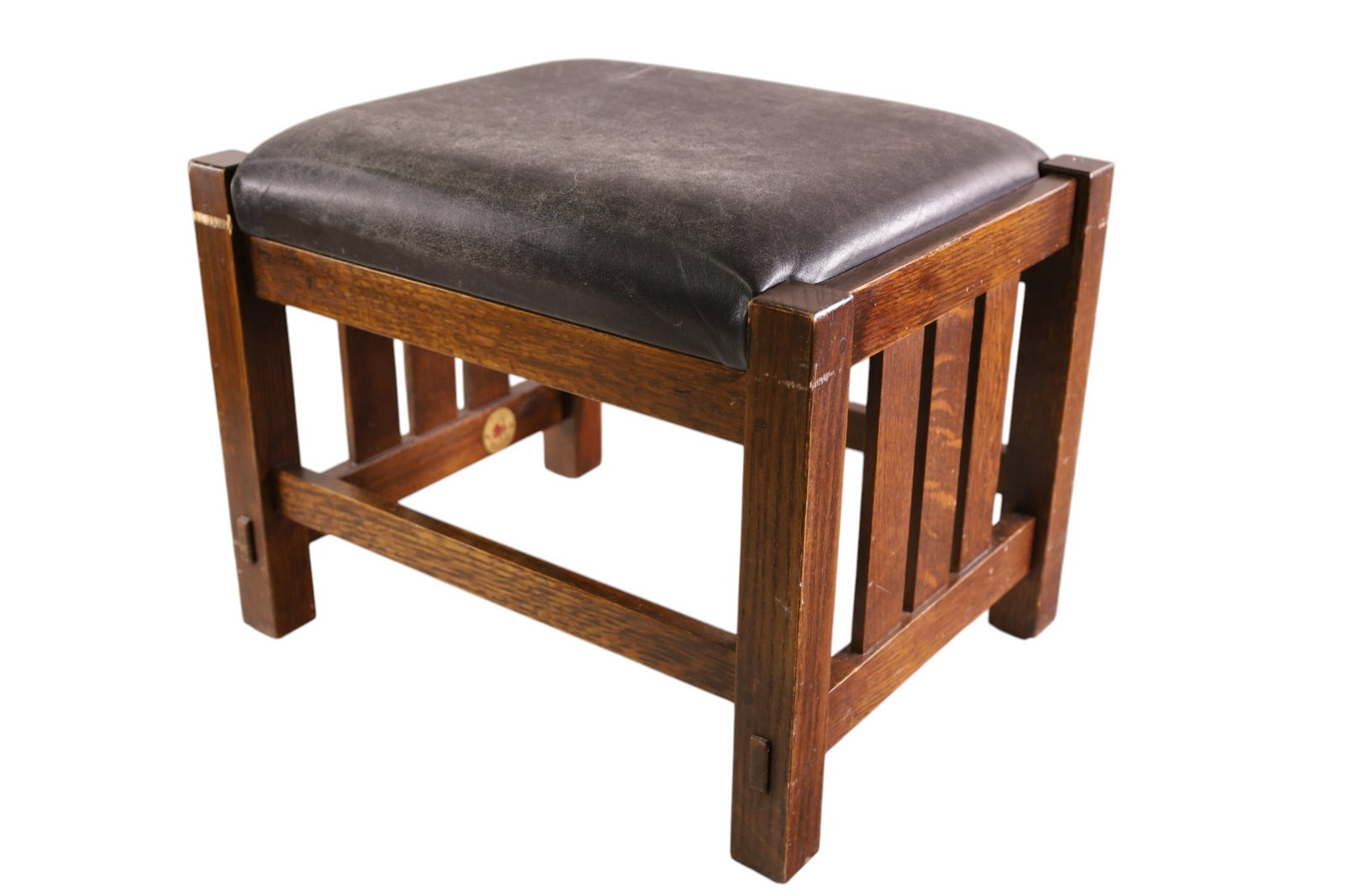STICKLEY FOOTSTOOL: CONTEMPORARY MISSION OAK ARTS & CRAFTS FOOTSTOOL, MARKED. 19" W x 15" D x 15" H. THIS ITEM EXCEEDS SIZE LIMITATIONS FOR IN HOUSE SHIPPING, MUST BE PICKED UP IN HOUSE OR SHIPPED VIA 3rd PARTY GROUND