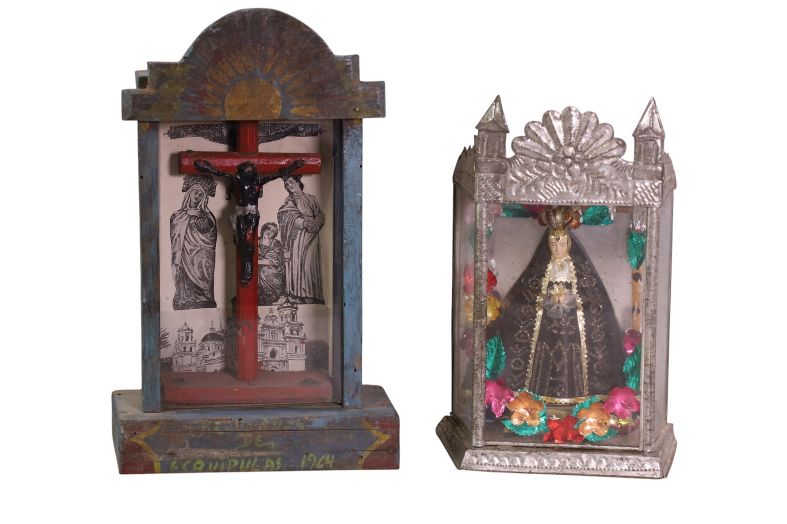 2 SMALL SANTOS: 2 SMALL SANTOS IN SHRINES,, 10" - 12 1/2" H.