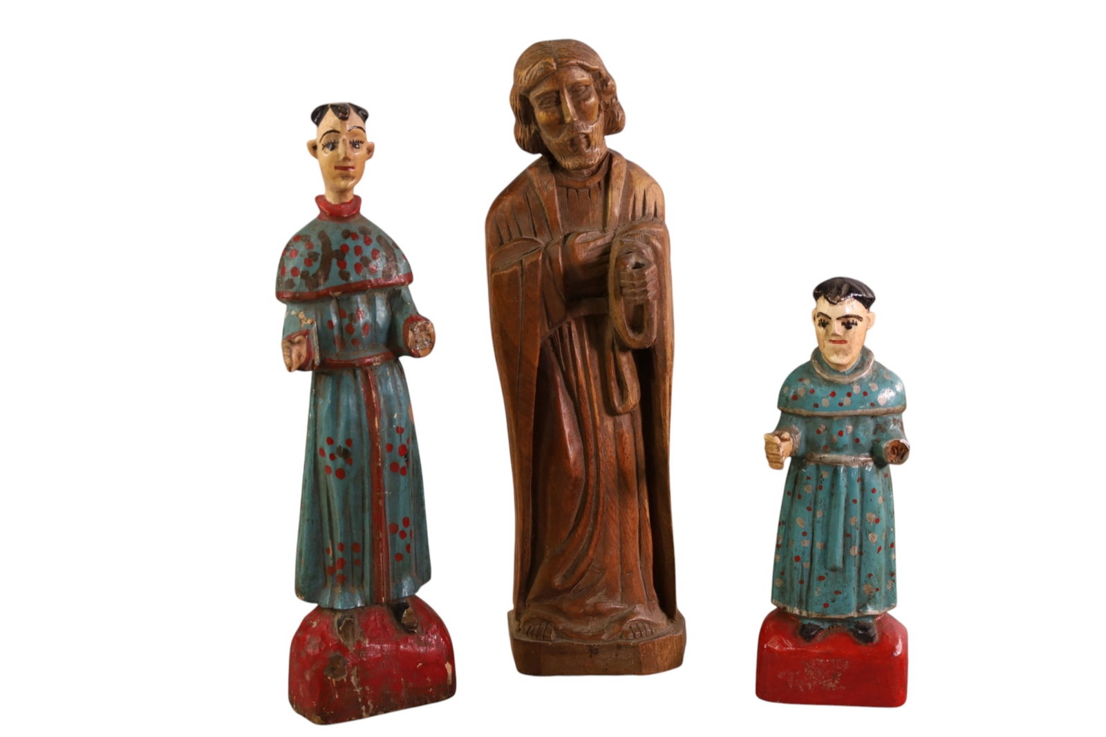 3 SANTO FIGURES: 2 POLYCHROME PAINTED FIUGRES & WOODEN FIGURE, 9" - 13" H.