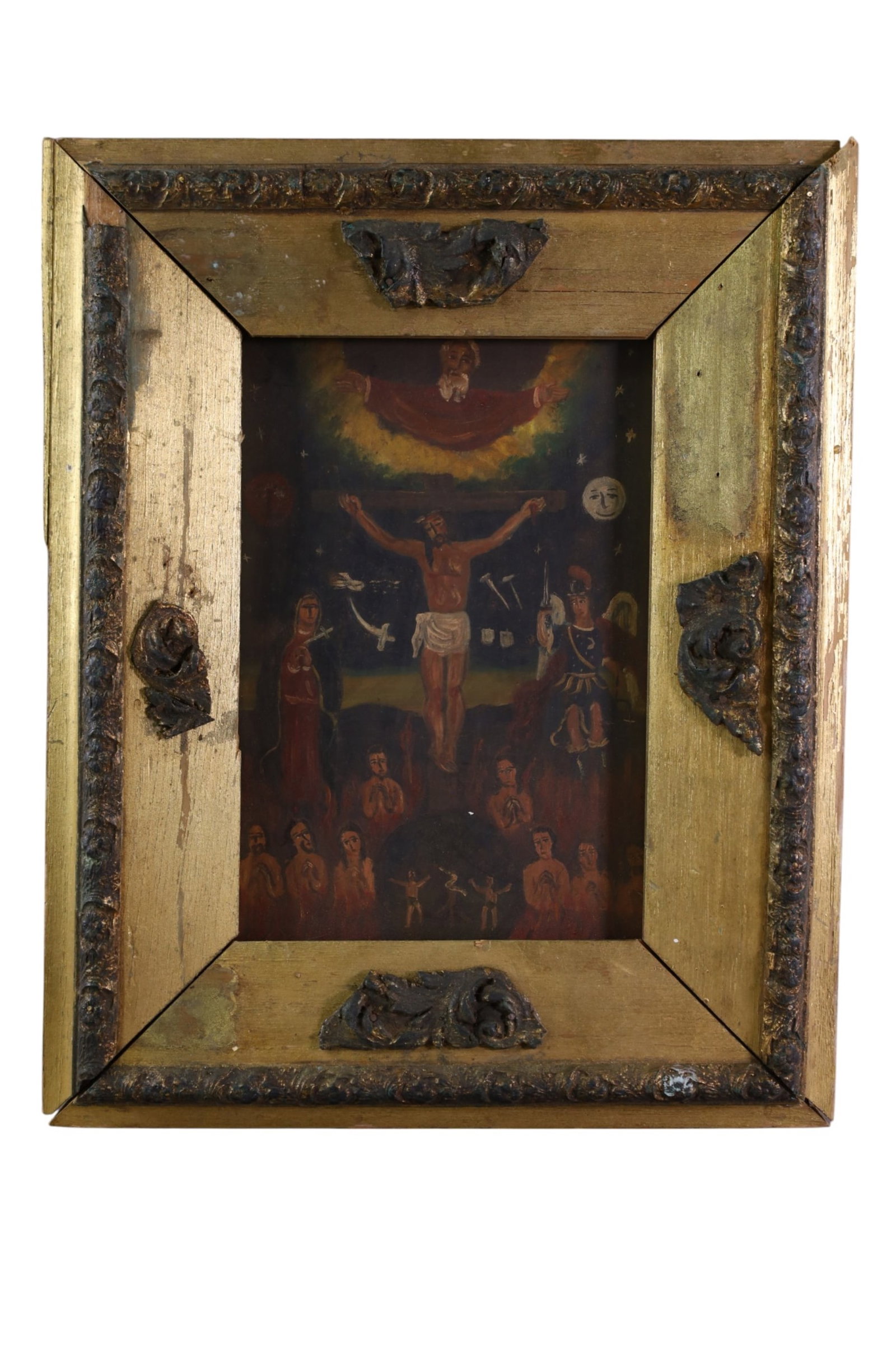 SPANISH RETABLO: SPANISH RETABLO PAINTING ON TIN, IN GILT FRAME. JESUS ON THE CROSS. 13" x 16" IN FRAME.