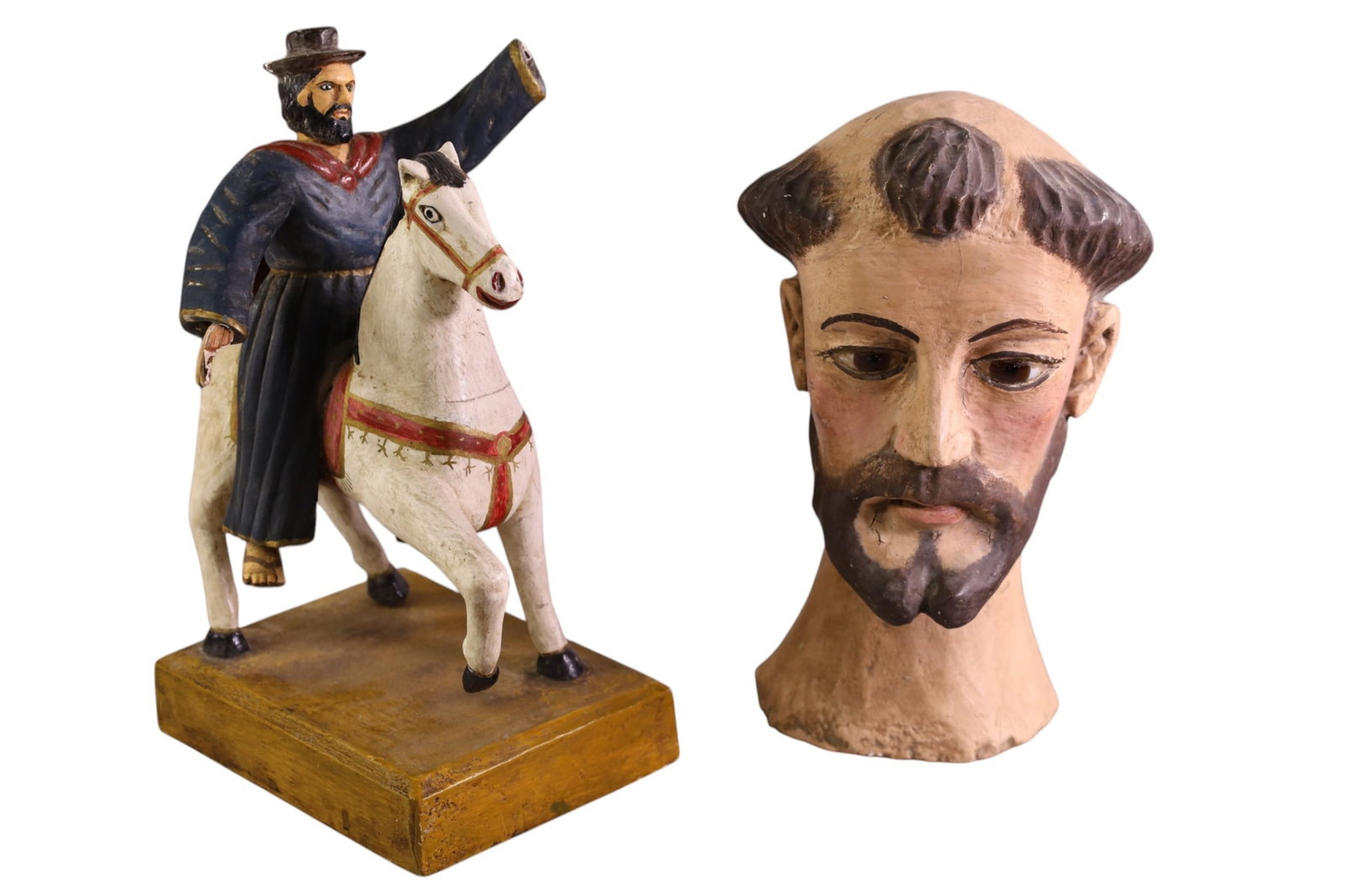 2 SANTOS: BUST & SANTO ON HORSEBACK. MISSING HANDS & TAIL. 13" H.