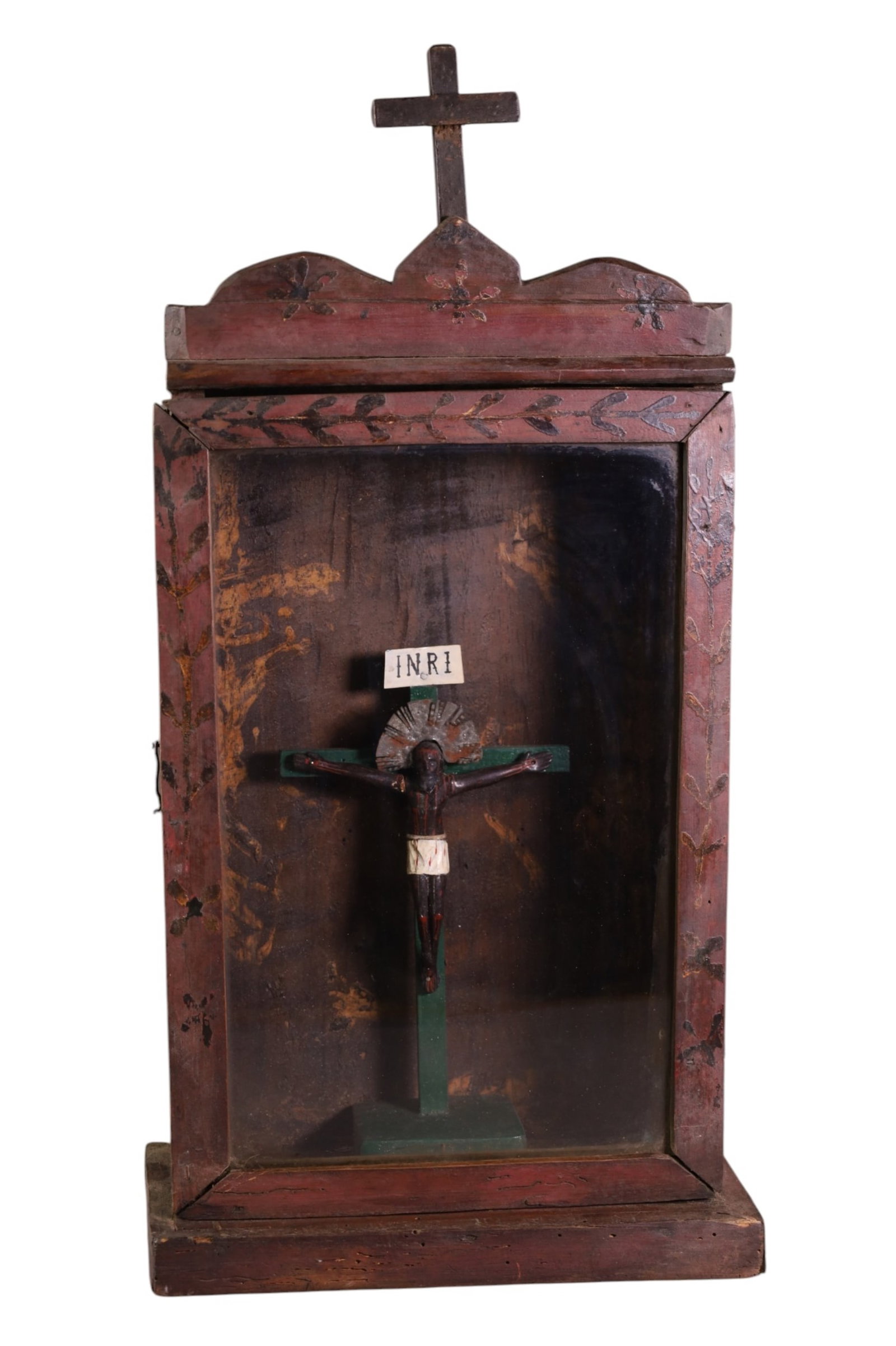 CRUCIFIX IN SHRINE: RELIGIOUS CRUCIFIX IN SHRINE, 12" x 24" IN CASE. 11" H. FIGURE. THIS ITEM EXCEEDS SIZE LIMITATIONS FOR IN HOUSE SHIPPING, MUST BE PICKED UP IN HOUSE OR SHIPPED VIA 3rd PARTY GROUND SHIPPER.