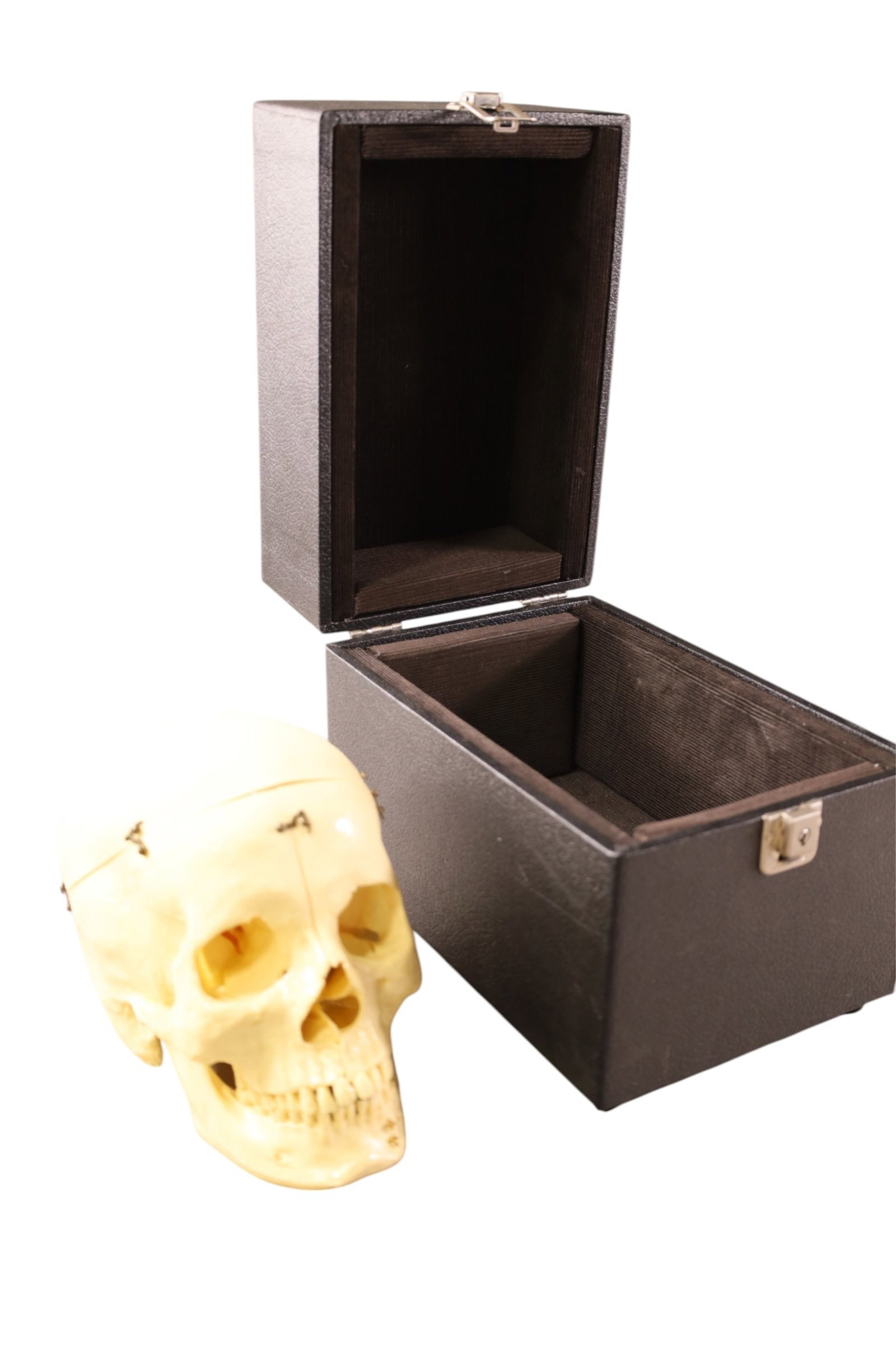 KILGORE MEDICAL PLASTIC SKULL: IN ORIGINAL CASE, FORMED PLASTIC SKULL. MEDICAL DEMONSTRATION PIECE. 6" H.