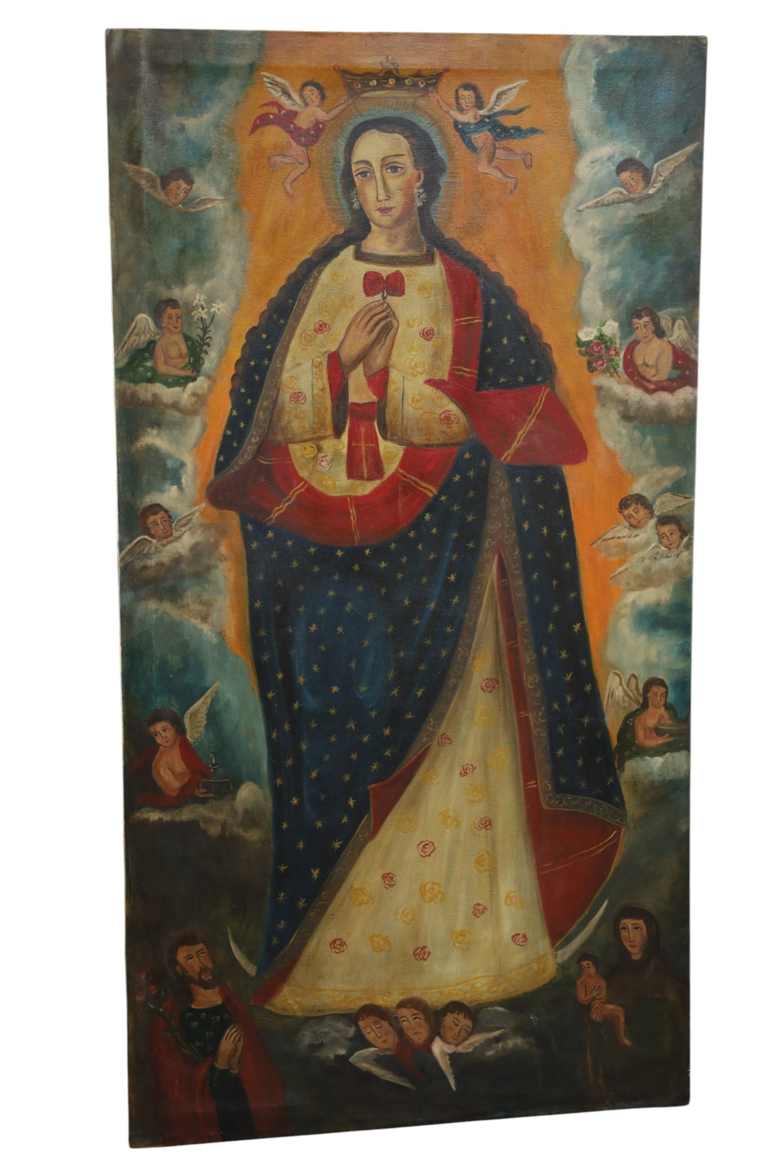 LARGE RELIGIOUS OIL PAINTING: LARGE UNFRAMED OIL ON CANVAS, SPANISH COLONIAL SCHOOL PAINTING. VIRGIN MARY SURROUNDED BY ANGELS. 31 1/2" x 59 1/2" THIS ITEM EXCEEDS SIZE LIMITATIONS FOR IN HOUSE SHIPPING, MUST BE PICKED UP IN