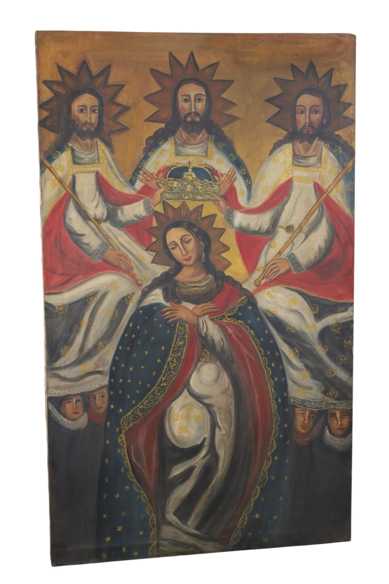 LARGE RELIGIOUS OIL PAINTING: LARGE UNFRAMED OIL ON CANVAS, VIRGIN MARY BY THE HOLY TRINITY, SPANISH COLONIAL STYLE. 35 1/2" x 59" THIS ITEM EXCEEDS SIZE LIMITATIONS FOR IN HOUSE SHIPPING, MUST BE PICKED UP IN HOUSE OR SHIPPED