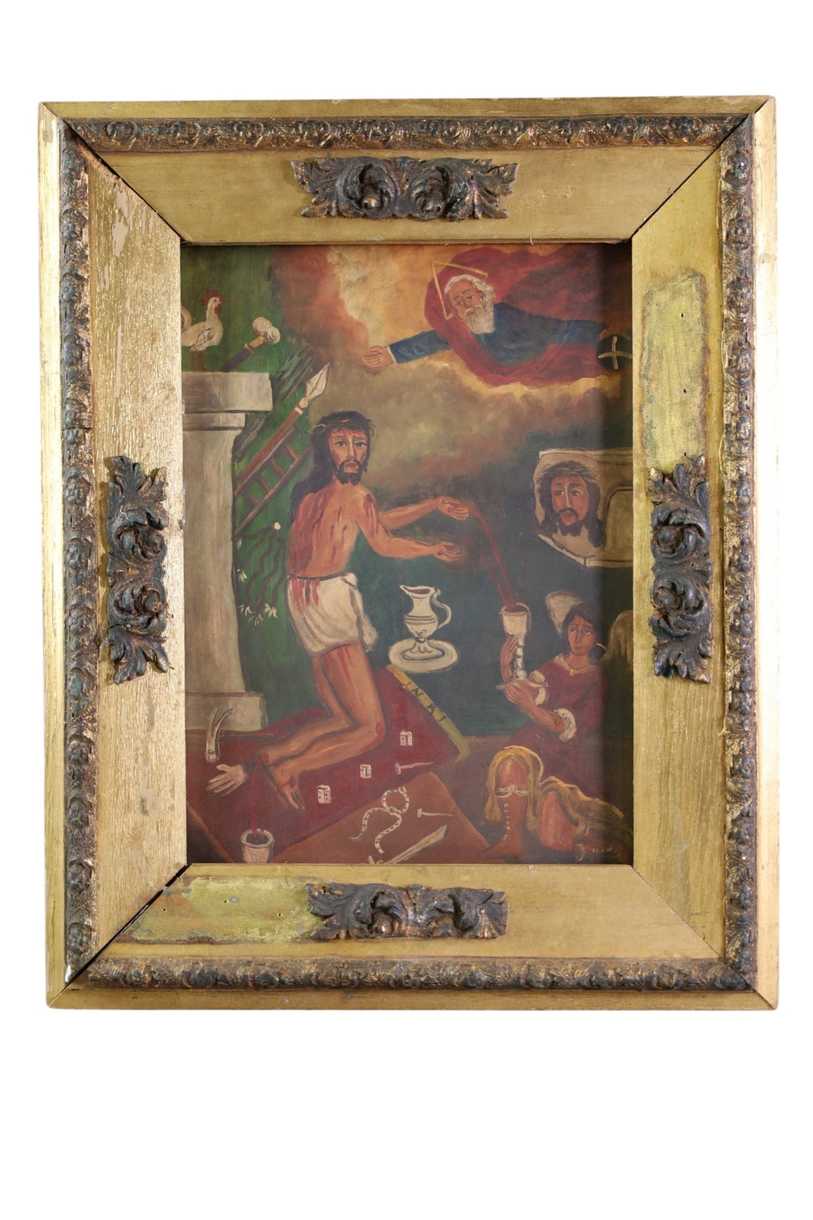 RELIGIOUS RETABLO: ANTIQUE RETABLO PAINTING ON TIN, DEPICTING THE PRECIOUS BLOOD OF CHRIST. IN GILT FRAME. 16" x 20" IN FRAME.