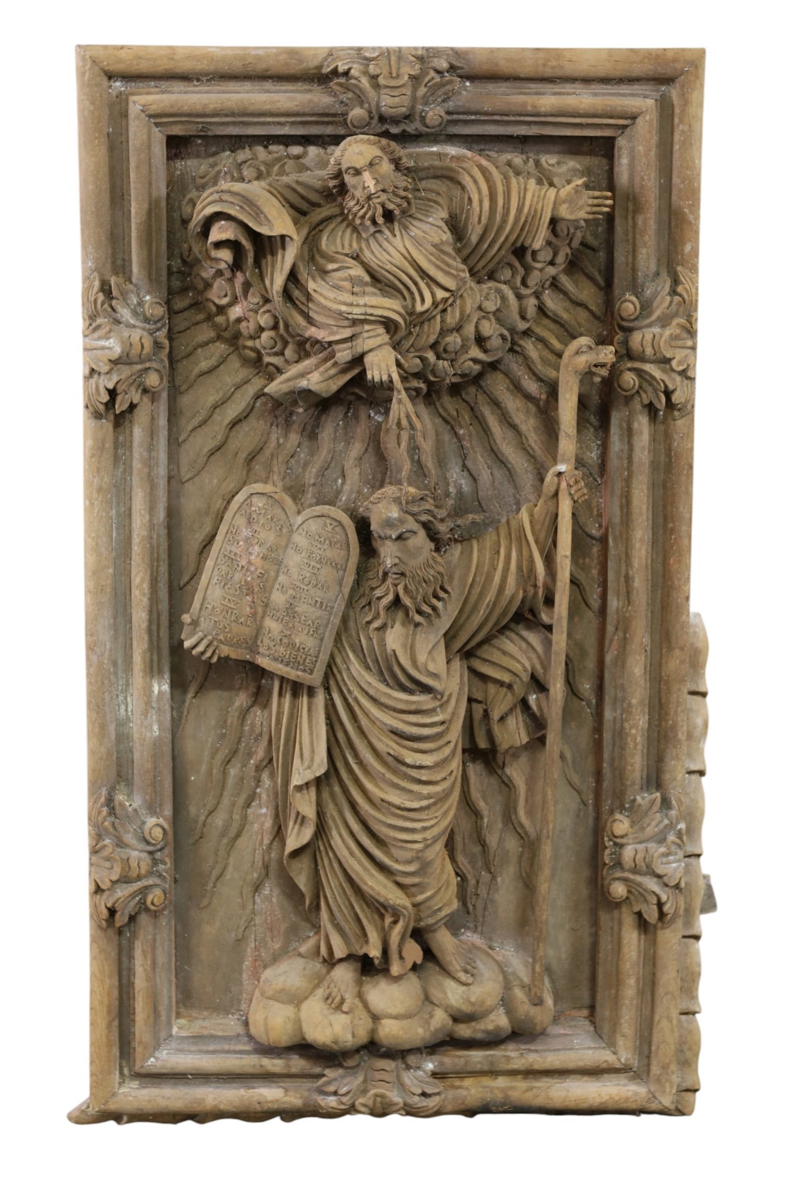 HIGHLY CARVED RELIGOUS PANEL: HIGHLY CARVED RELIGIOUS PANEL, DAMAGE TO FRAME. 20" x 36 1/2" THIS ITEM EXCEEDS SIZE LIMITATIONS FOR IN HOUSE SHIPPING, MUST BE PICKED UP IN HOUSE OR SHIPPED VIA 3rd PARTY GROUND SHIPPER.