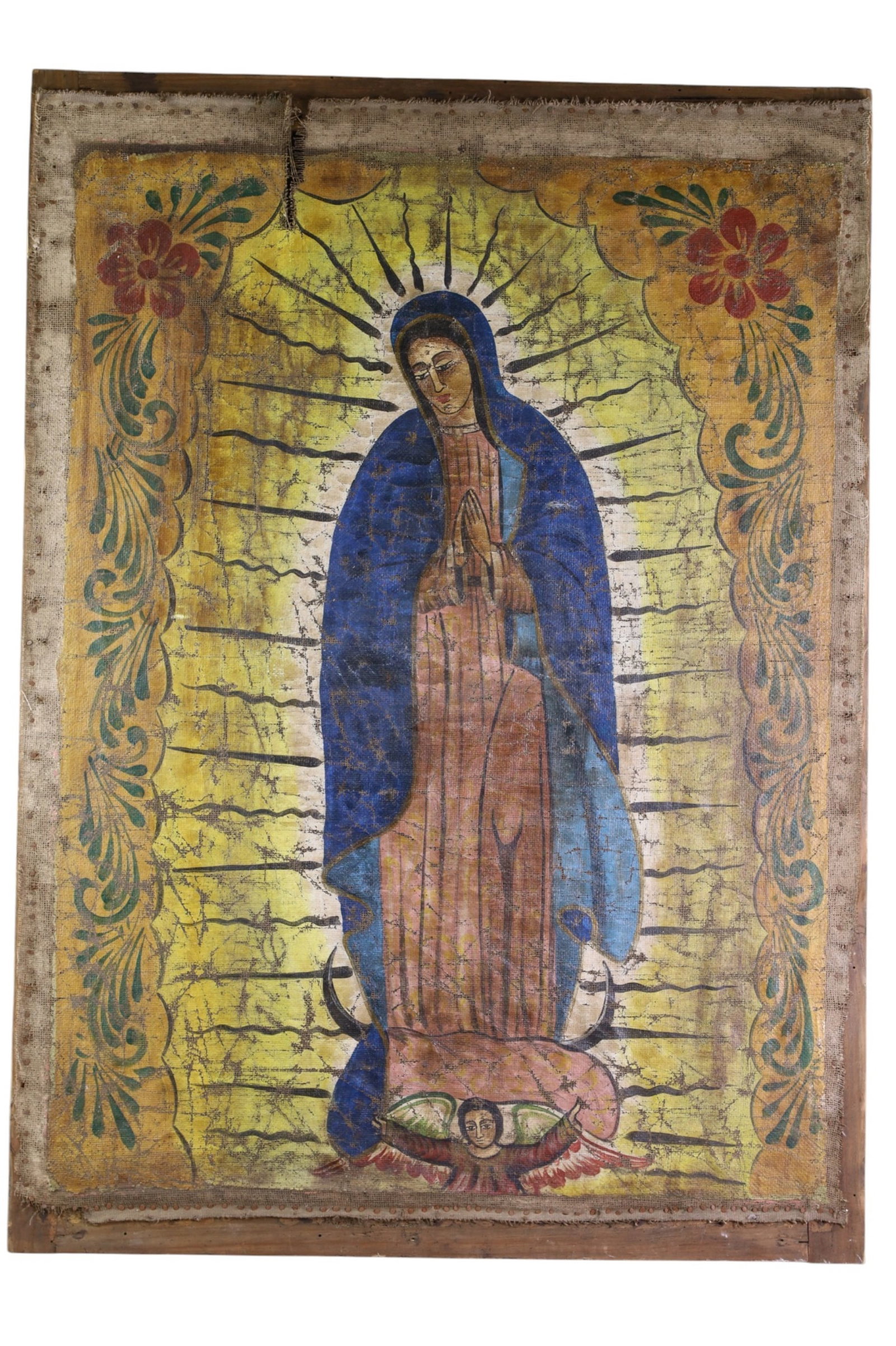 VIRGIN OF GUADALUPE PAINTING: PAINTING ON CANVAS, UNFRAMED. LARGE TEAR, PAINT LOSS. 26" x 37" THIS ITEM EXCEEDS SIZE LIMITATIONS FOR IN HOUSE SHIPPING, MUST BE PICKED UP IN HOUSE OR SHIPPED VIA 3rd PARTY GROUND SHIPPER.