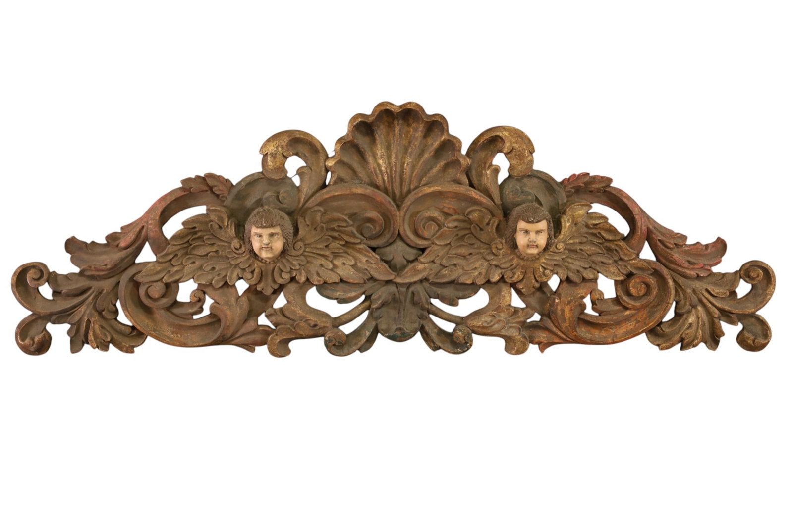 CARVED RELIGIOUS PANEL: CHERUB CARVED RELIGIOUS PANEL. SOME CHIPS IN PAINTED FINISH. 60" W x 20" H. THIS ITEM EXCEEDS SIZE LIMITATIONS FOR IN HOUSE SHIPPING, MUST BE PICKED UP IN HOUSE OR SHIPPED VIA 3rd PARTY GROUND