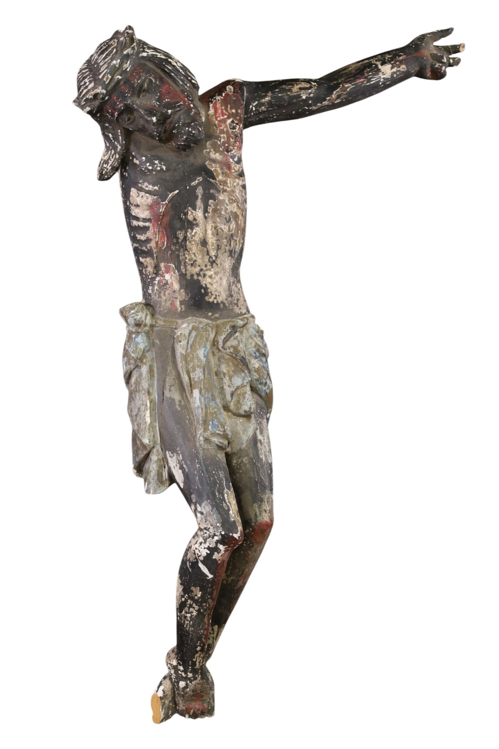 LARGE CARVED JESUS FIGURE (AS IS): LARGE CARVED WOOD, POLYCHROME PAINTED JESUS FIGURE, MISSING AN ARM. 34" W x 51" H. THIS ITEM EXCEEDS SIZE LIMITATIONS FOR IN HOUSE SHIPPING, MUST BE PICKED UP IN HOUSE OR SHIPPED VIA 3rd PARTY GROUND