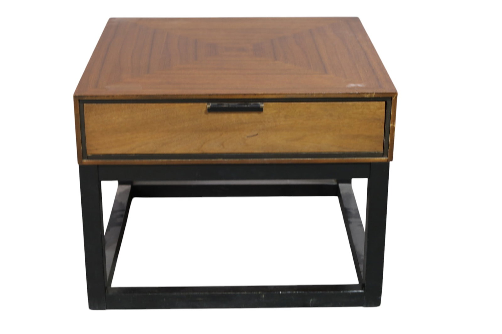 MID CENTURY MODERN END TABLE: RAPIDS FURNITURE, BOSTON, WALNUT SINGLE DRAWER END TABLE. WEAR TO FINISH. 26 X 26" x 20 H. THIS ITEM EXCEEDS SIZE LIMITATIONS FOR IN HOUSE SHIPPING, MUST BE PICKED UP IN HOUSE OR SHIPPED VIA 3rd