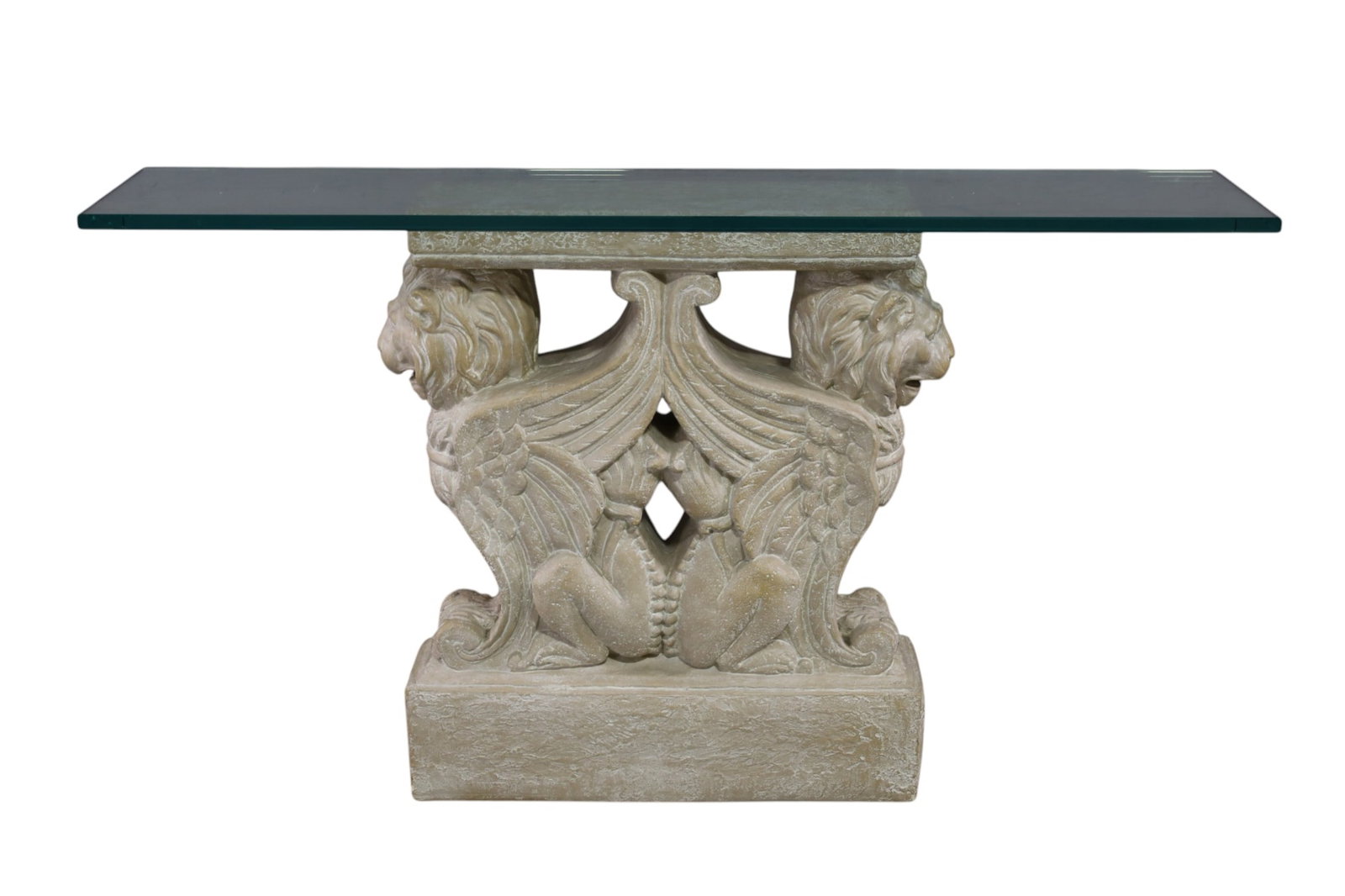 GLASS TOP HALL TABLE: CONTEMPORARY WINGED GRIFFIN FORM BASE GLASS TOP CONSOLE TABLE. PLASTER BASE. 54" W x 12" D x 31" H. THIS ITEM EXCEEDS SIZE LIMITATIONS FOR IN HOUSE SHIPPING, MUST BE PICKED UP IN HOUSE OR SHIPPED VIA