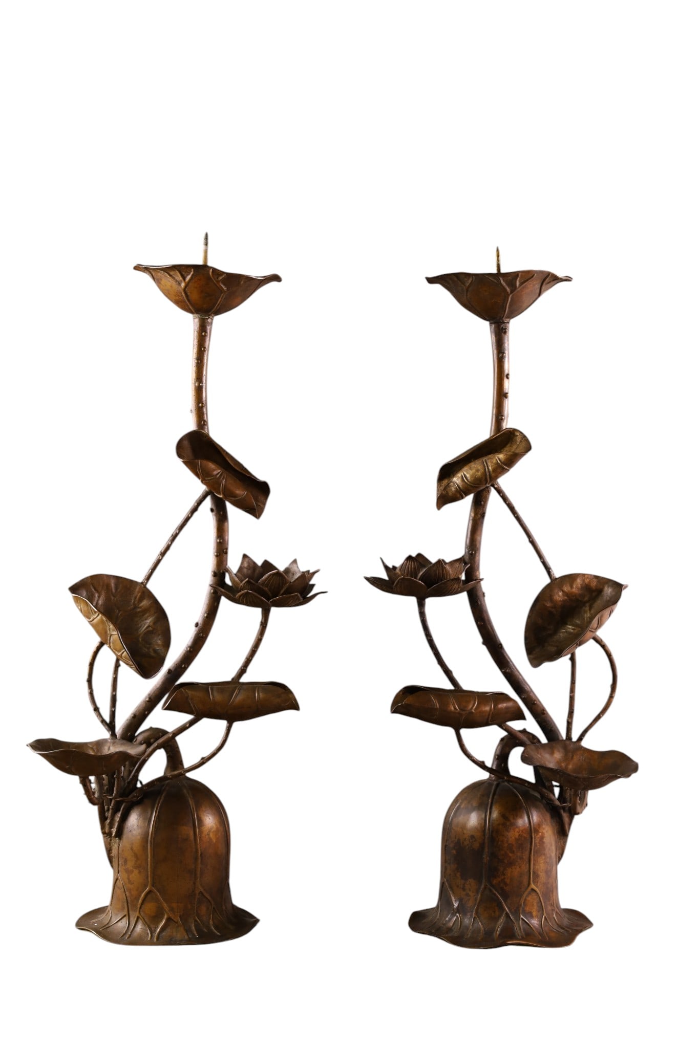 PAIR OF LOTUS FLOWER CANDLESTICKS: PAIR OF LOTUS FLOWER CANDLESTICKS, MCM STYLE. 31" H. THIS ITEM EXCEEDS SIZE LIMITATIONS FOR IN HOUSE SHIPPING, MUST BE PICKED UP IN HOUSE OR SHIPPED VIA 3rd PARTY GROUND SHIPPER.