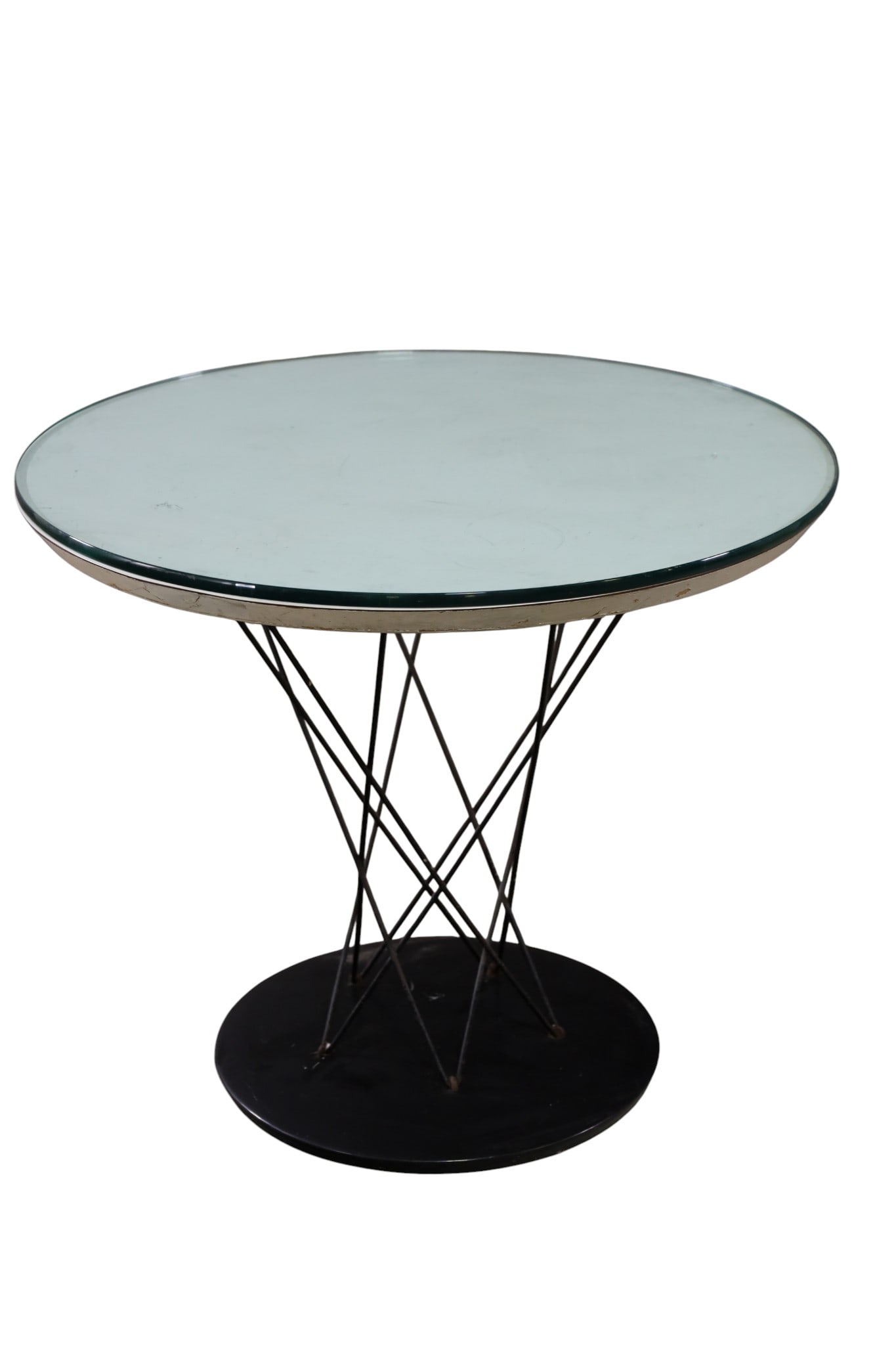 NOGUCHI CYCLONE SIDE TABLE: KNOLL NOGUCHI CYCLONE SIDE TABLE, MARKED ON BASE, GLASS TOP. 24" DIAM x 20" H. THIS ITEM EXCEEDS SIZE LIMITATIONS FOR IN HOUSE SHIPPING, MUST BE PICKED UP IN HOUSE OR SHIPPED VIA 3rd PARTY GROUND