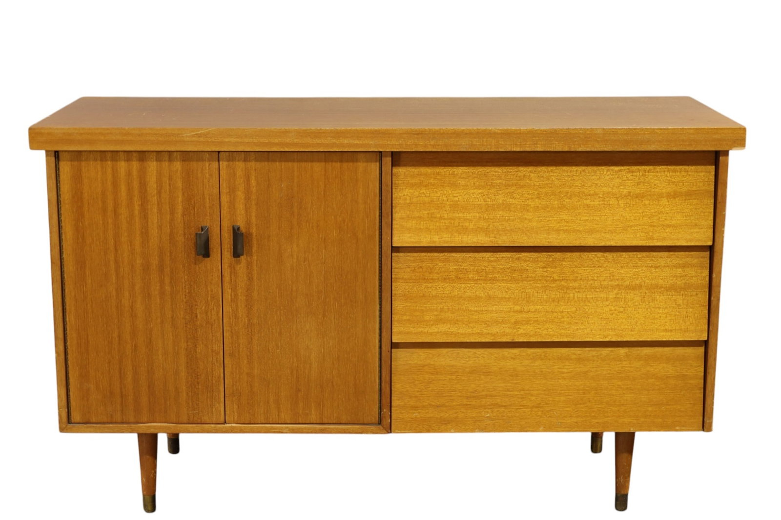 MID CENTURY MODERN SERVER: MID CENTURY MODERN THREE DRAWER & 2 DOOR SERVER, WEAR TO FINISH. VENEER CHIPS. 54" W x 20" D x 32 1/2" H. THIS ITEM EXCEEDS SIZE LIMITATIONS FOR IN HOUSE SHIPPING, MUST BE PICKED UP IN HOUSE OR