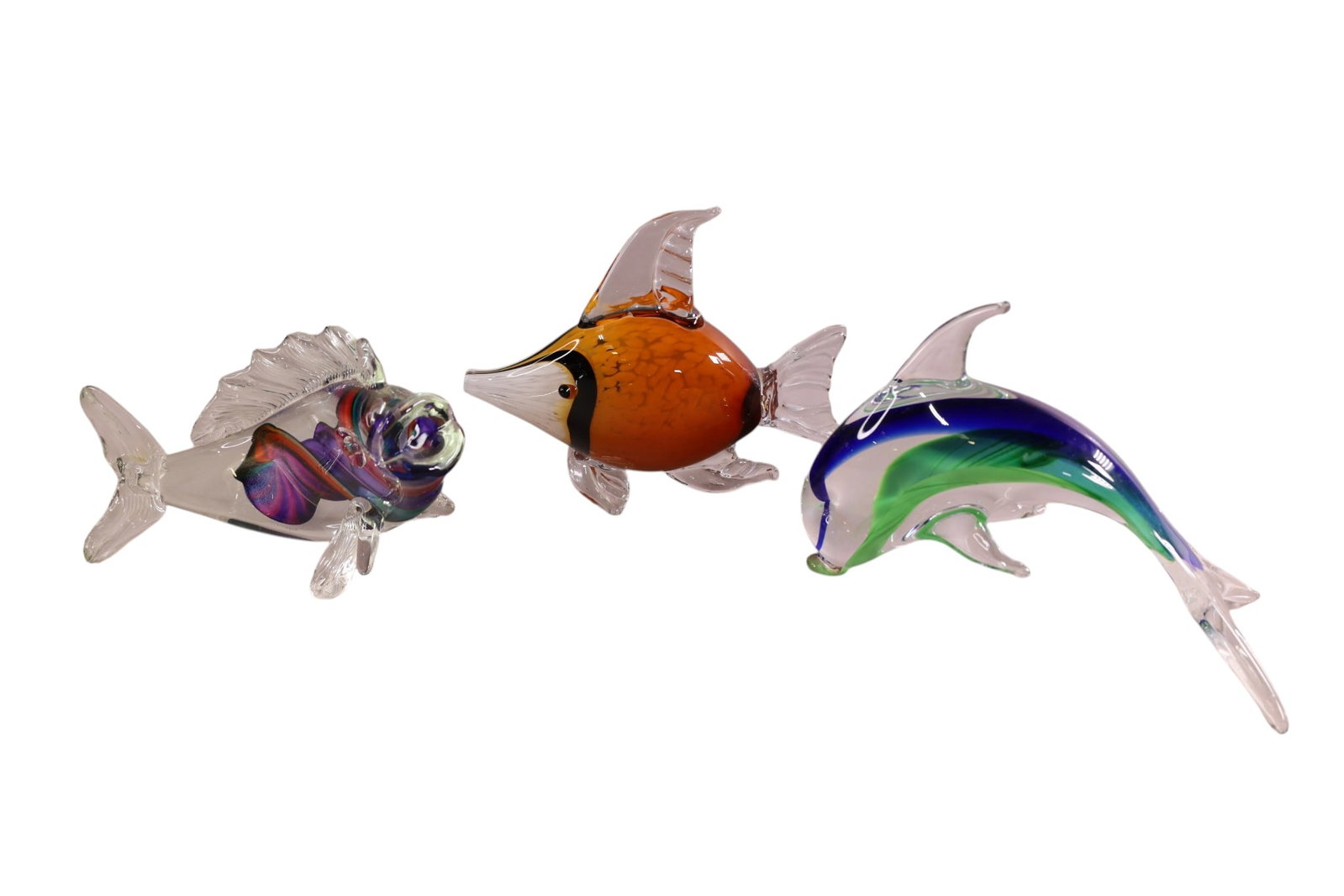 3 ART GLASS FISH: MURANO ART GLASS FISH SCULPTURES, 9 1/2" - 10 1/2" L.