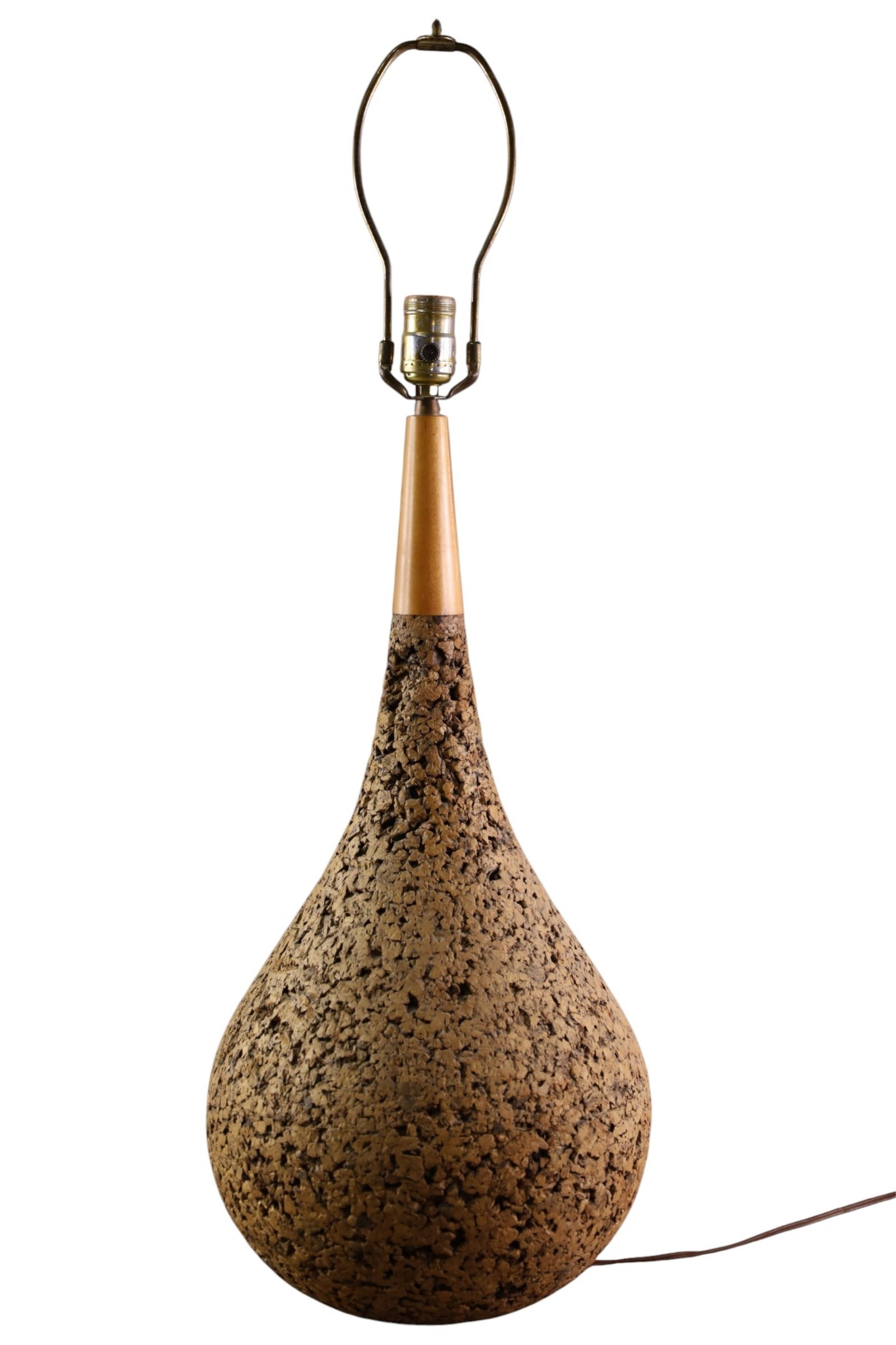 CORK TABLE LAMP: MID CENTURY MODERN CORK AND WOOD TABLE LAMP, NO SHADE. 33" H.