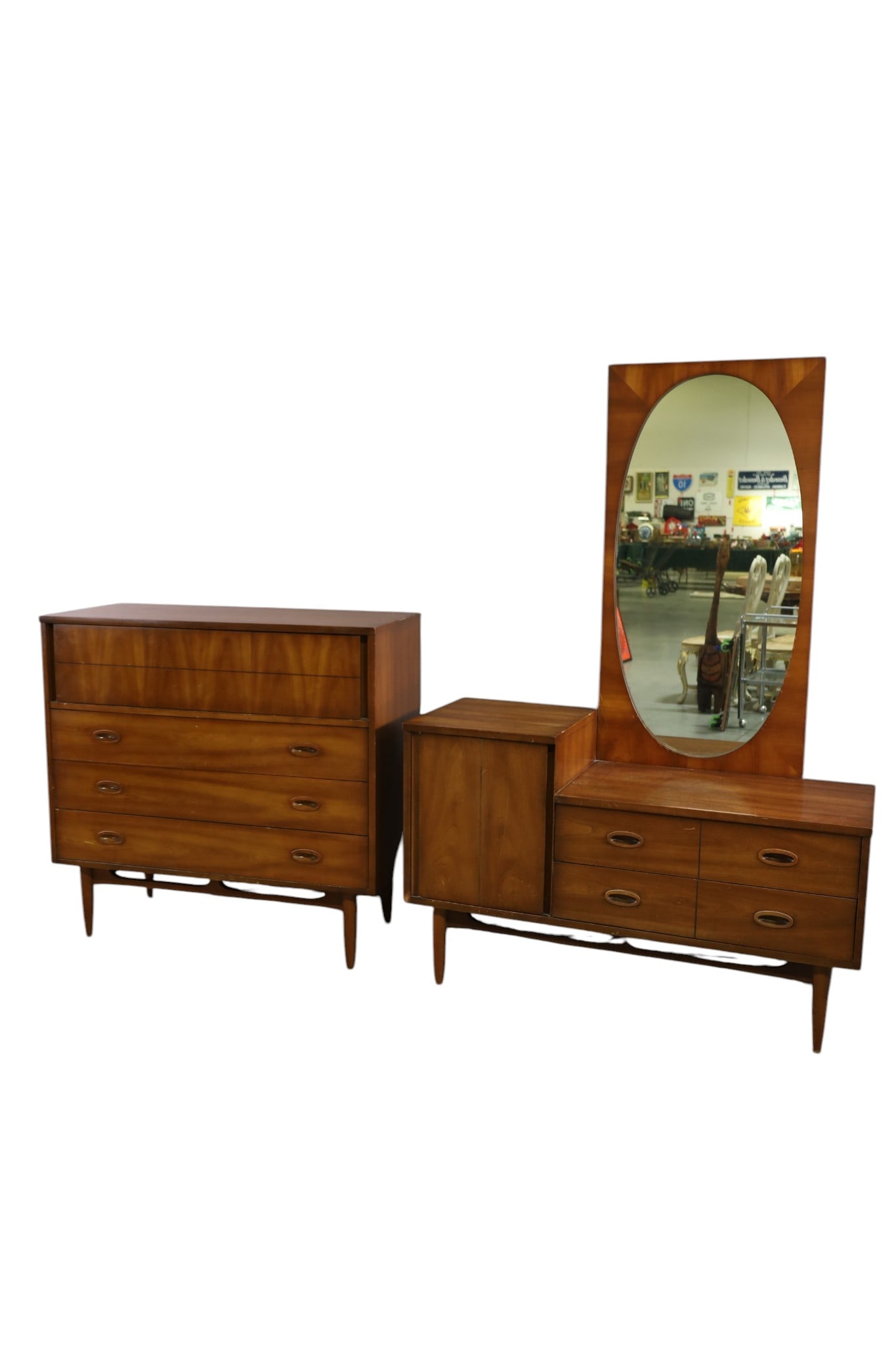 2 PIECE MID CENTURY MODERN BEDROOM SET: DIXIE BEDROOM SET, VANITY WITH MIRROR & 4 DRAWER DRESSER. WEAR TO FINISH, 42" W x 18" D x 40" H DRESSER & 48" W x 18" D x 70" H. VANITY. THIS ITEM EXCEEDS SIZE LIMITATIONS FOR IN HOUSE SHIPPING, MUST