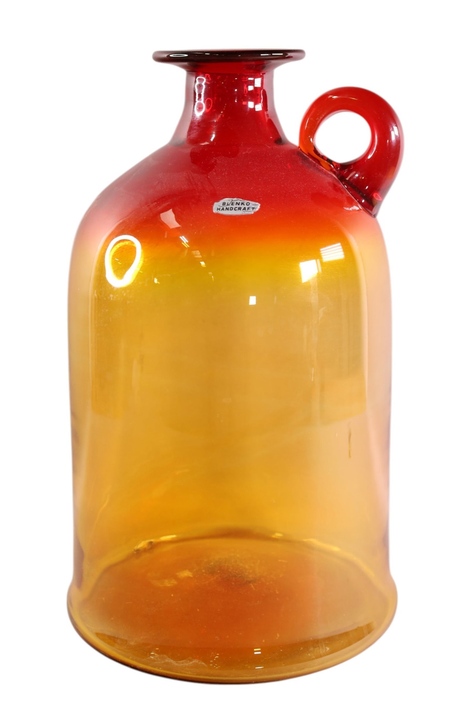 BLENKO JUG: LARGE BLENKO ART GLASS JUG, BLENKO HANDCRAFT. 16 1/2" H.