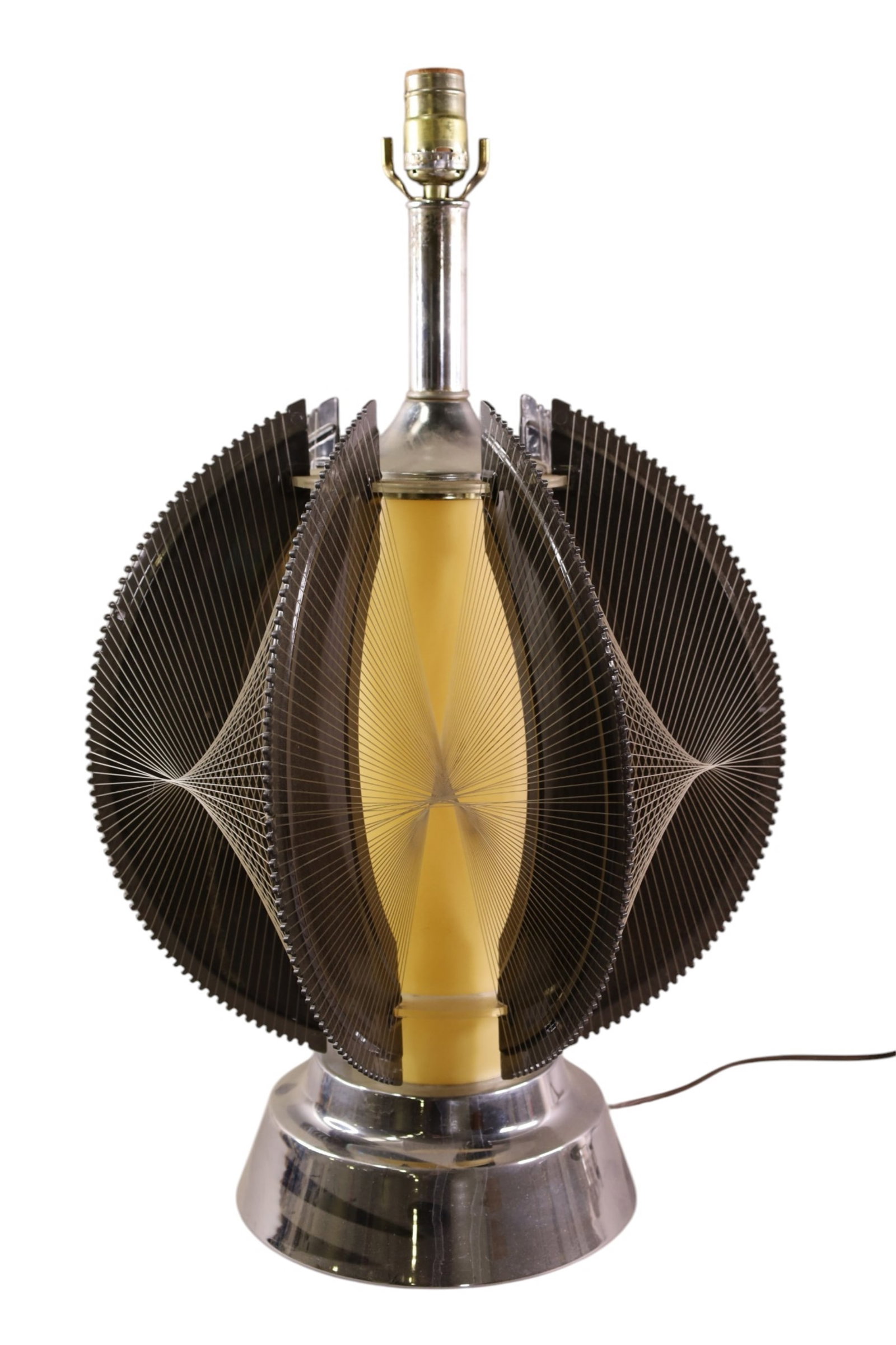 MID CENTURY MODERN TABLE LAMP: SMOKED LUCITE AND CHROME STRING LAMP, 25" H.