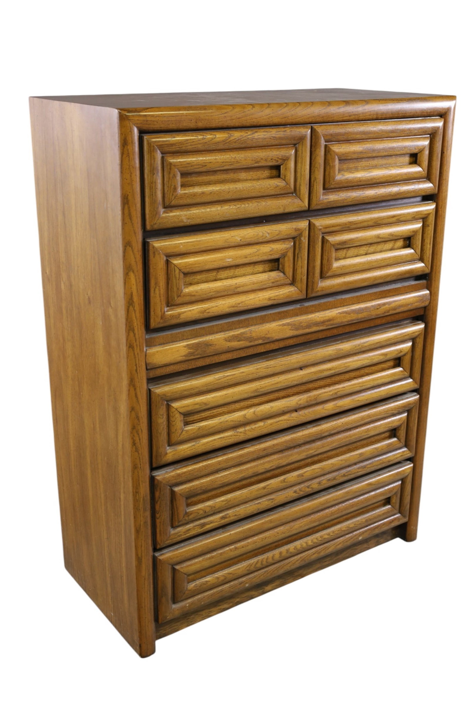 LANE HIGHBOY: MID CENTURY MODERN LANE HIGHBOY, 5 DRAWER HIGHBOY, MINOR WEAR TO FINISH. 38" W x 18 1/2" D x 51 1/2" H. THIS ITEM EXCEEDS SIZE LIMITATIONS FOR IN HOUSE SHIPPING, MUST BE PICKED UP IN HOUSE OR SHIPPED