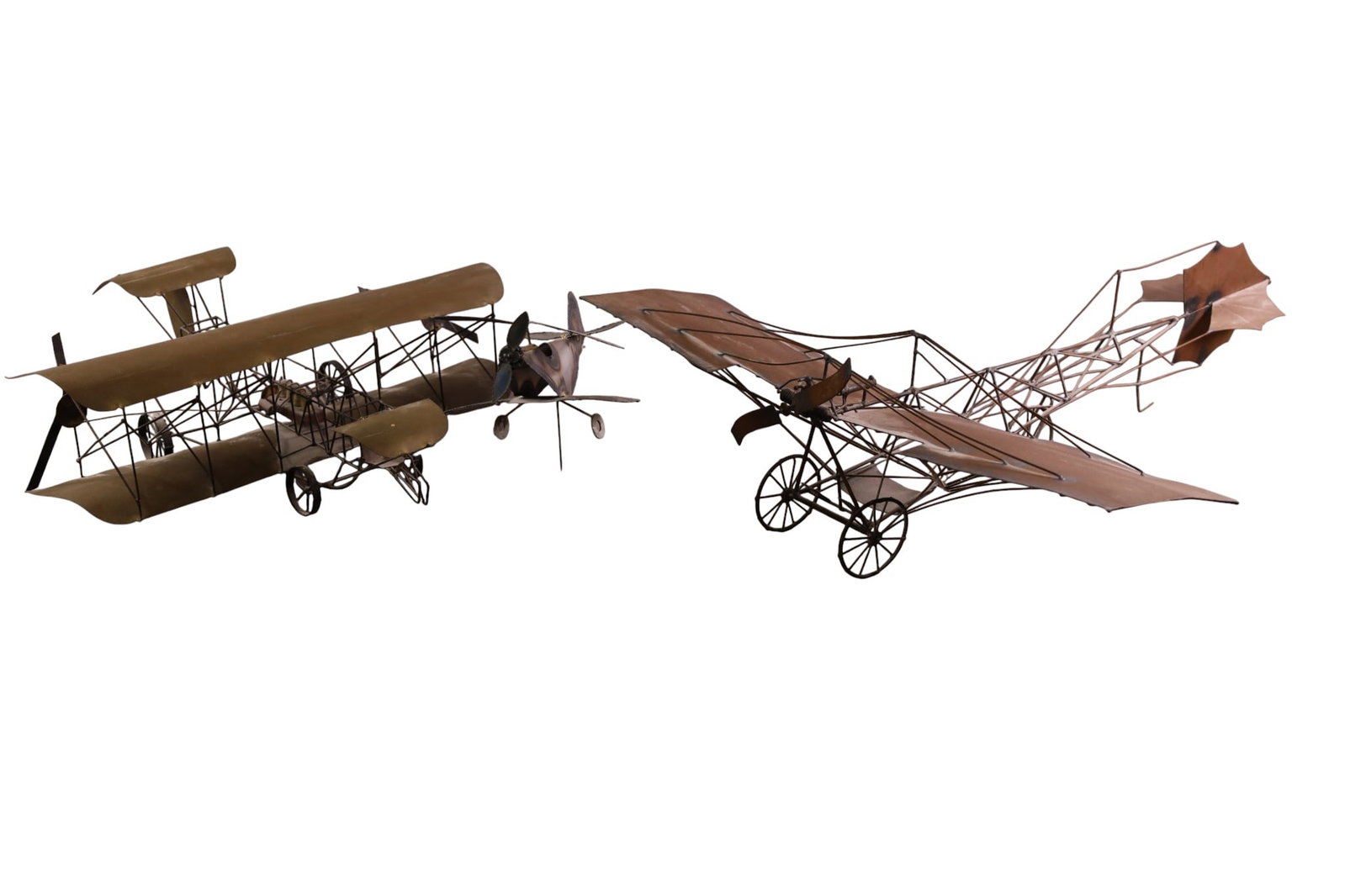 3 AIRPLANE SCULPTURES: 3 TORCH CUT AIRPLANE SCULPTURES, SIGNED JOHN GRAY, DATED 1971. 5 1/2" - 22" W. THIS ITEM EXCEEDS SIZE LIMITATIONS FOR IN HOUSE SHIPPING, MUST BE PICKED UP IN HOUSE OR SHIPPED VIA 3rd PARTY GROUND