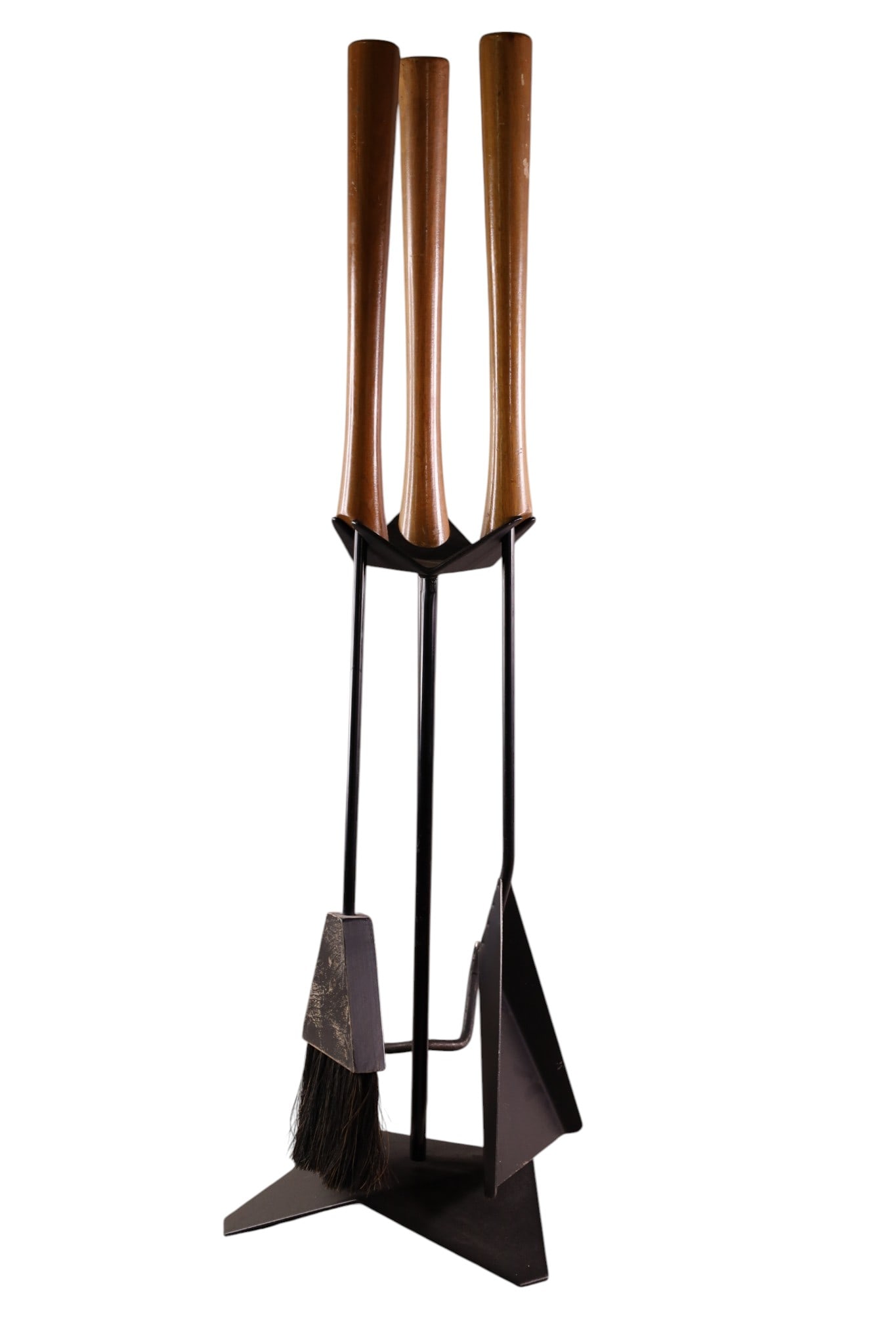 MCM FIREPLACE TOOL SET: MID CENTURY MODERN ARTHUR UMANOFF STYLE FIREPLACE SET, UNMARKED. 35" H. THIS ITEM EXCEEDS SIZE LIMITATIONS FOR IN HOUSE SHIPPING, MUST BE PICKED UP IN HOUSE OR SHIPPED VIA 3rd PARTY GROUND SHIPPER.