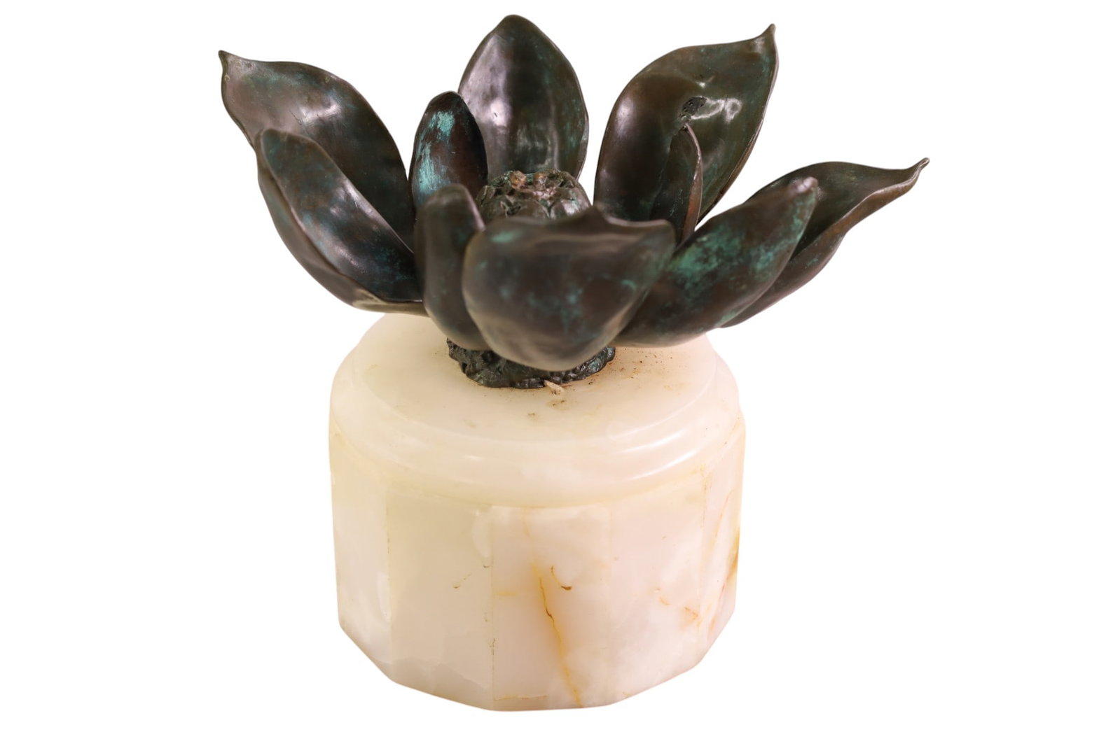 MID CENTURY MODERN SCULPTURE: ALABASTER BASE, BRONZE FLORAL SCULPTURE. 10" DIAM x 8" H.