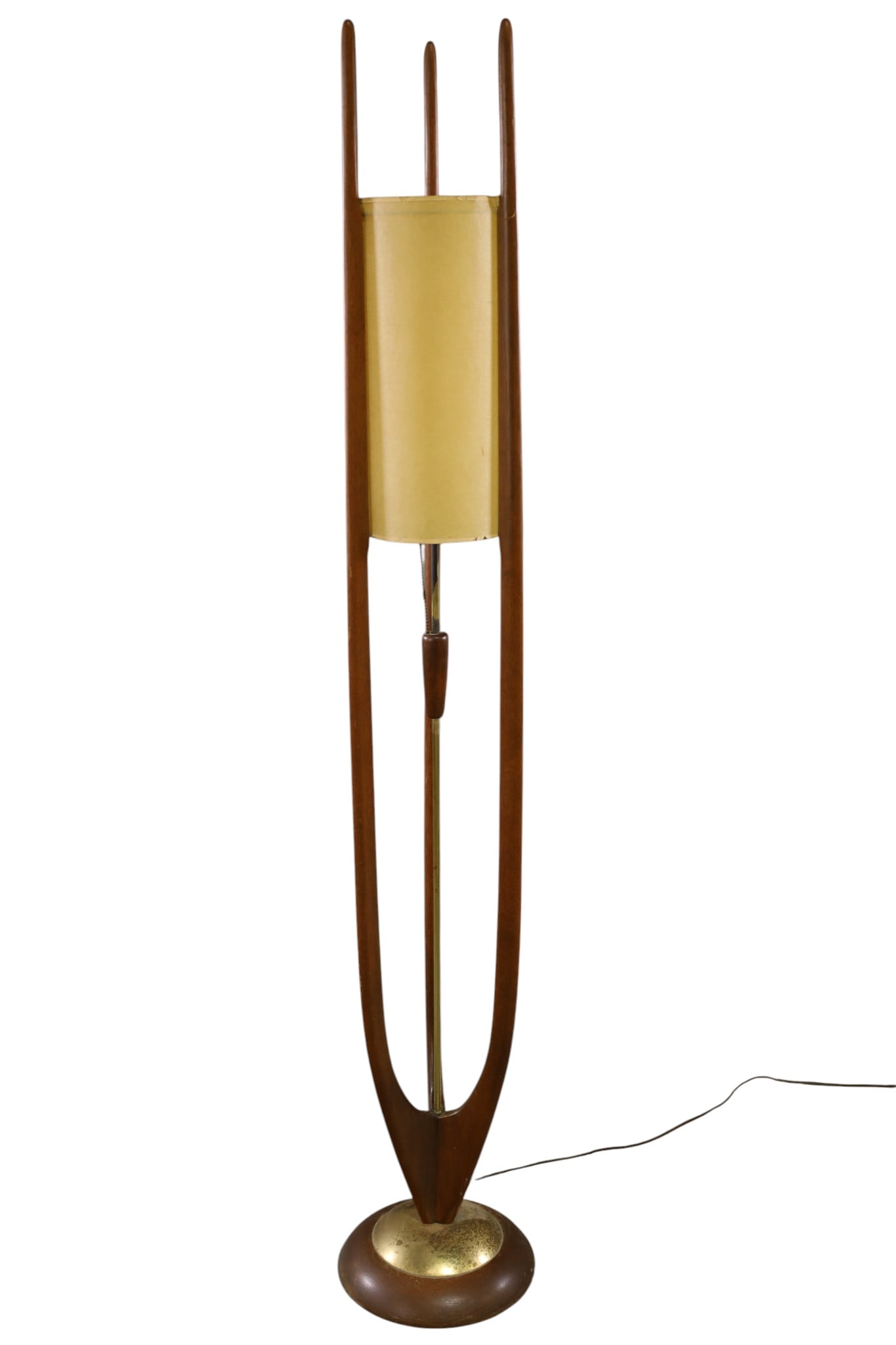 MODELINE FLOOR LAMP: MID CENTURY MODERN MODELINE, ARTHUR JACOBS FLOOR LAMP, PITTING TO BRASS, WEAR TO FINISH AND SHADE. REPAIR TO SHADE. 62" H. THIS ITEM EXCEEDS SIZE LIMITATIONS FOR IN HOUSE SHIPPING, MUST BE PICKED UP I