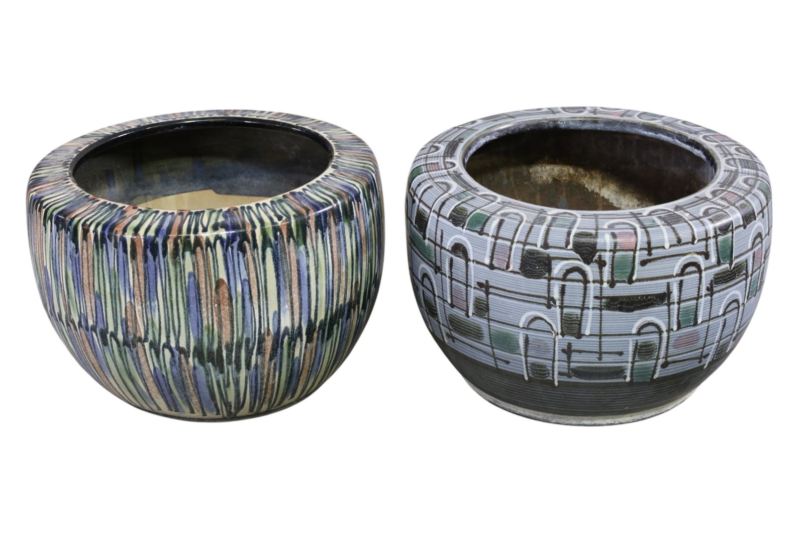 2 PLANTERS: 2 HAND PAINTED PLANTERS, DRILLED. 18" DIAM x 11" H. THIS ITEM EXCEEDS SIZE LIMITATIONS FOR IN HOUSE SHIPPING, MUST BE PICKED UP IN HOUSE OR SHIPPED VIA 3rd PARTY GROUND SHIPPER.