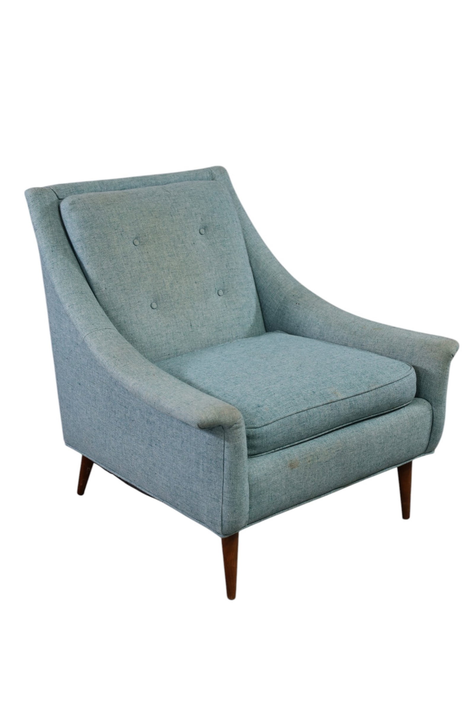 MCM LOUNGE CHAIR: MID CENTURY MODERN LOUNGE CHAIR, UPHOLSTERY NEEDS CLEANED. 32" W x 30" D x 31" H. THIS ITEM EXCEEDS SIZE LIMITATIONS FOR IN HOUSE SHIPPING, MUST BE PICKED UP IN HOUSE OR SHIPPED VIA 3rd PARTY GROUND