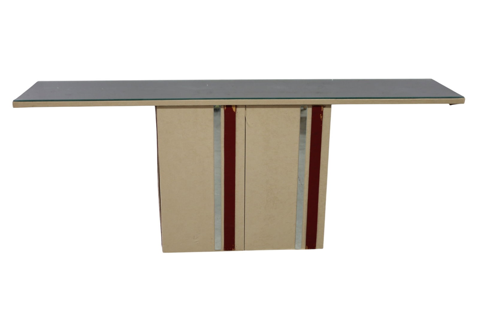 MIRRORED TOP CONSOLE TABLE: MID CENTURY MODERN MIRRORED TOP CONSOLE TABLE, CLOTH DECORATED BASE. 66" W x 14" D x 25 1/2" H. THIS ITEM EXCEEDS SIZE LIMITATIONS FOR IN HOUSE SHIPPING, MUST BE PICKED UP IN HOUSE OR SHIPPED VIA 3rd