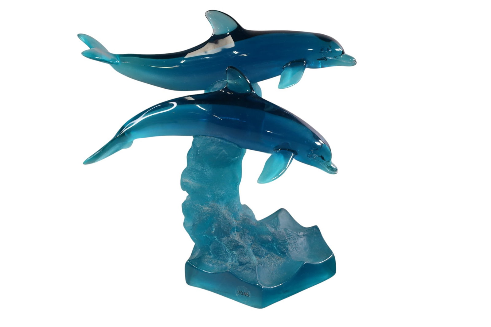 ACRYLIC DOLPHIN SCULPTURE: BLUE ACRYLIC DOLPHIN SCULPTURE, DATED 94, No 732/950. 11" L x 11" H.