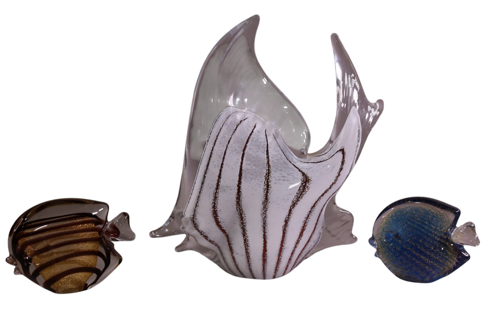 3 ART GLASS FISH: JOSEF MARCOLIN ART GLASS FISH SCULPTURES, ALL SIGNED. 3" - 10" H.